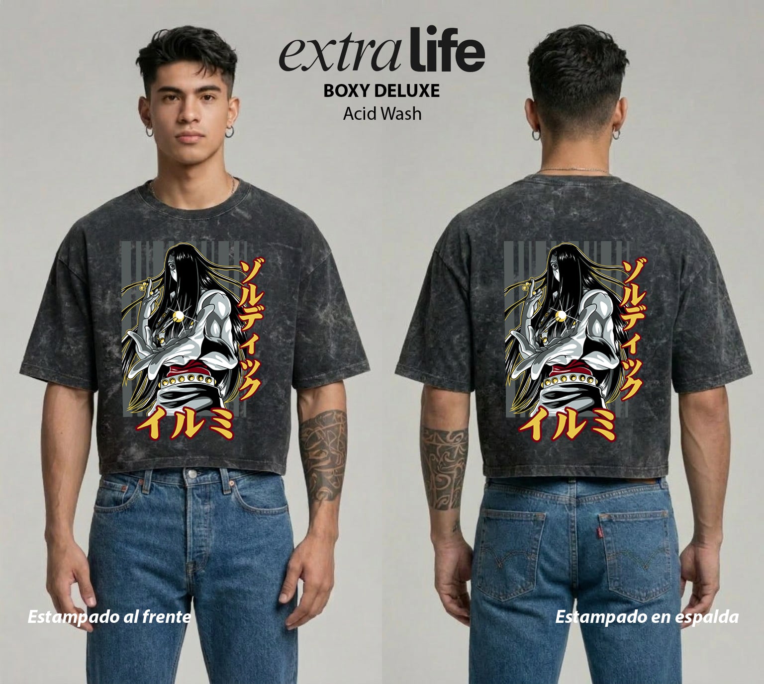 Playera streetwear premium de anime y gaming ExtraLife MX, corte boxy deluxe mineral wash heavyweight en color Acid Wash, moda urbana mexicana de culto.