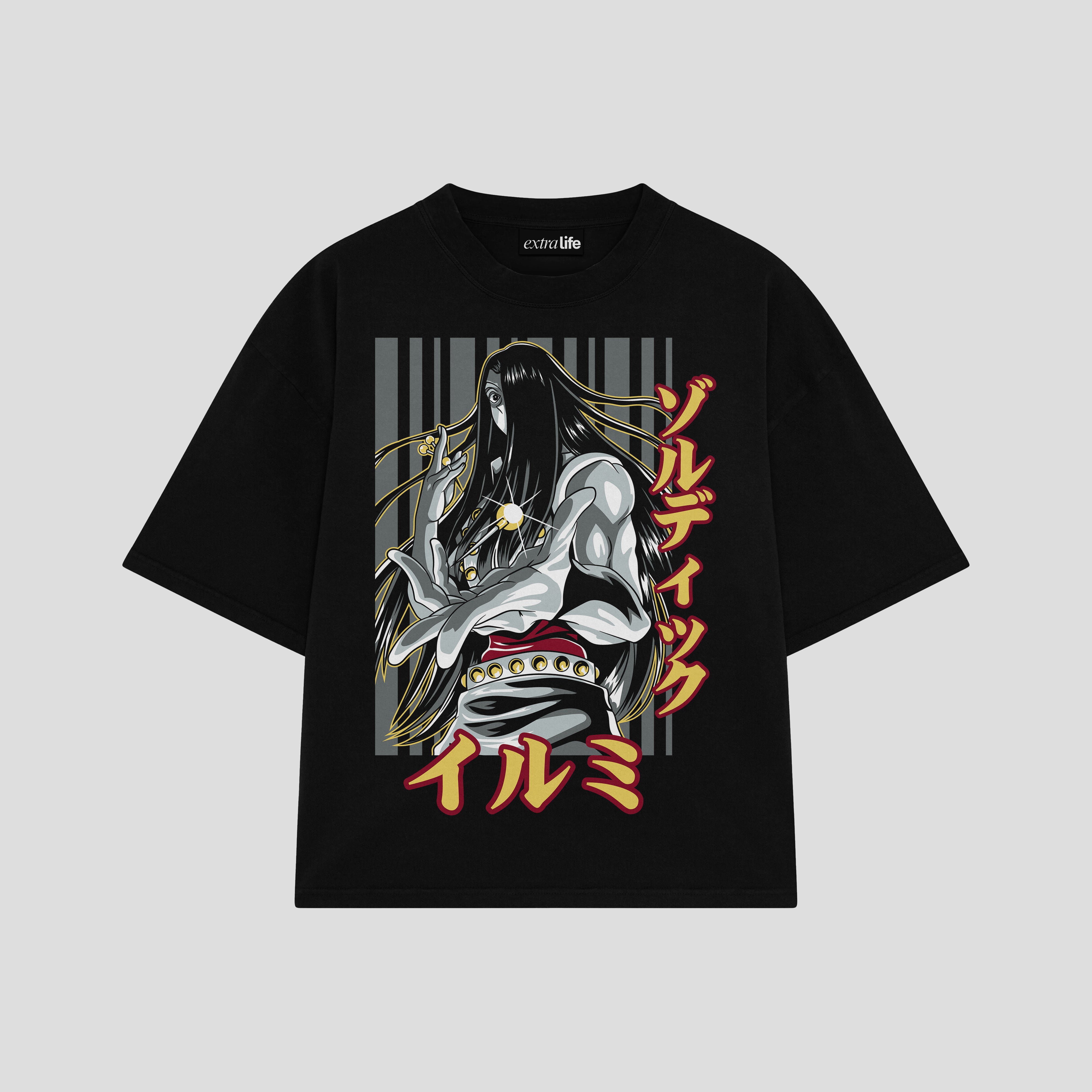 Playera streetwear premium de anime y gaming ExtraLife MX, corte boxy oversized drop shoulder heavyweight en color Deep Black y Off-White, moda urbana mexicana de culto.