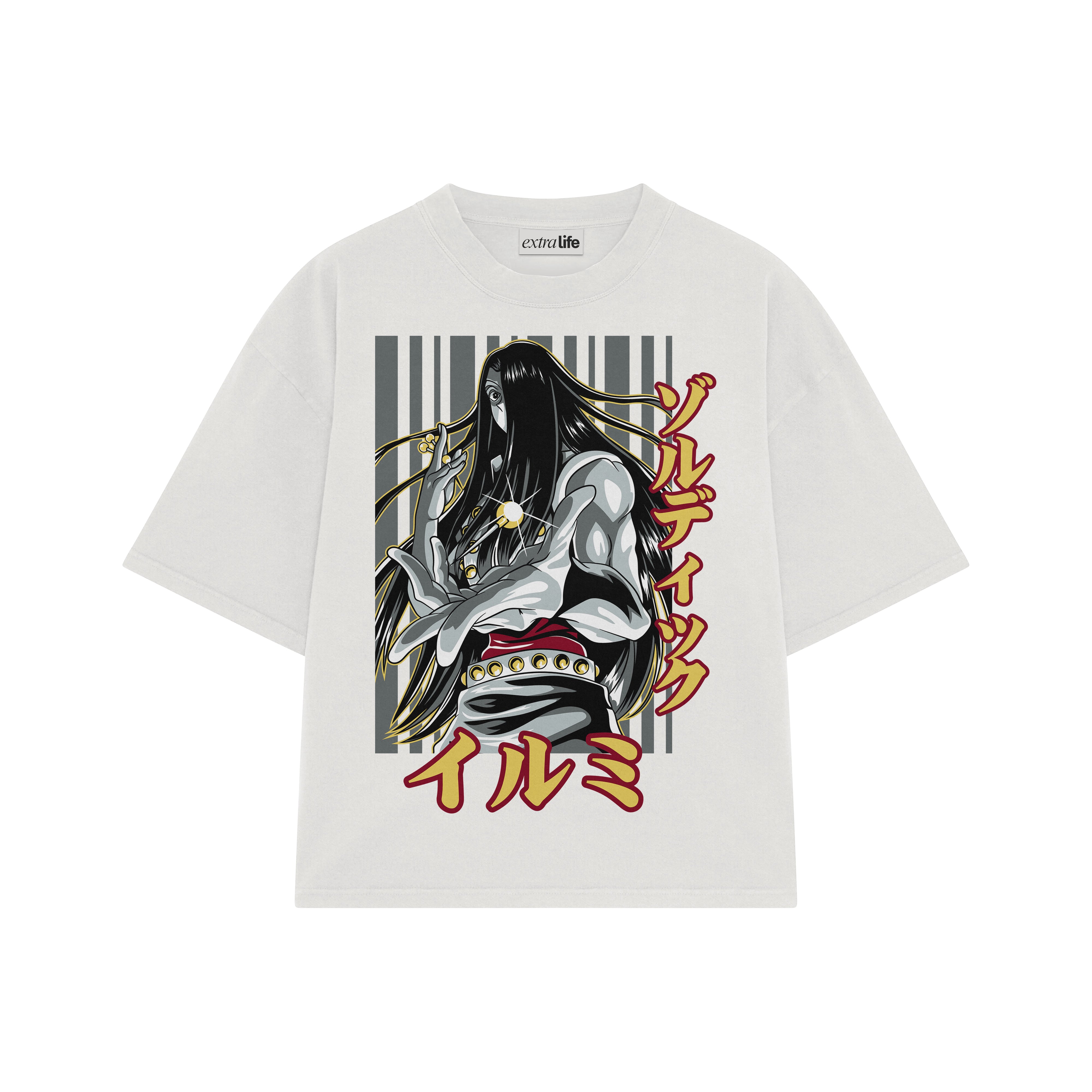 Playera streetwear premium de anime y gaming ExtraLife MX, corte boxy oversized drop shoulder heavyweight en color Deep Black y Off-White, moda urbana mexicana de culto.