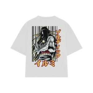 Playera streetwear premium de anime y gaming ExtraLife MX, corte boxy oversized drop shoulder heavyweight en color Deep Black y Off-White, moda urbana mexicana de culto.
