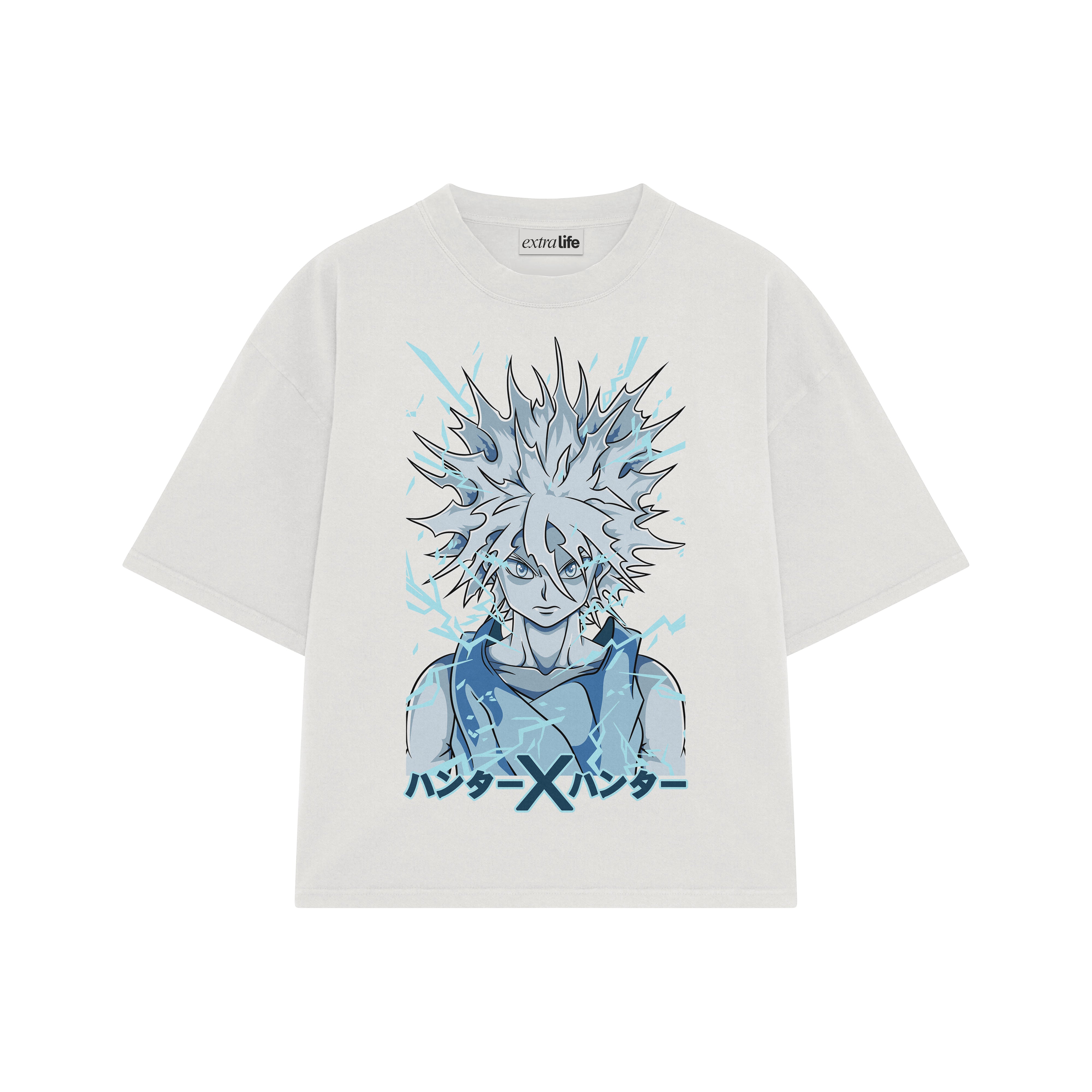 Playera streetwear premium de anime y gaming ExtraLife MX, corte boxy oversized drop shoulder heavyweight en color Deep Black y Off-White, moda urbana mexicana de culto.