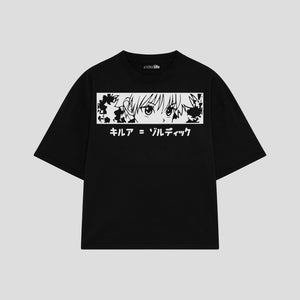 Playera streetwear premium de anime y gaming ExtraLife MX, corte boxy oversized drop shoulder heavyweight en color Deep Black y Off-White, moda urbana mexicana de culto.