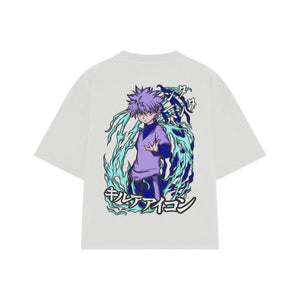 Playera streetwear premium de anime y gaming ExtraLife MX, corte boxy oversized drop shoulder heavyweight en color Deep Black y Off-White, moda urbana mexicana de culto.