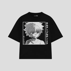 Playera streetwear premium de anime y gaming ExtraLife MX, corte boxy oversized drop shoulder heavyweight en color Deep Black y Off-White, moda urbana mexicana de culto.
