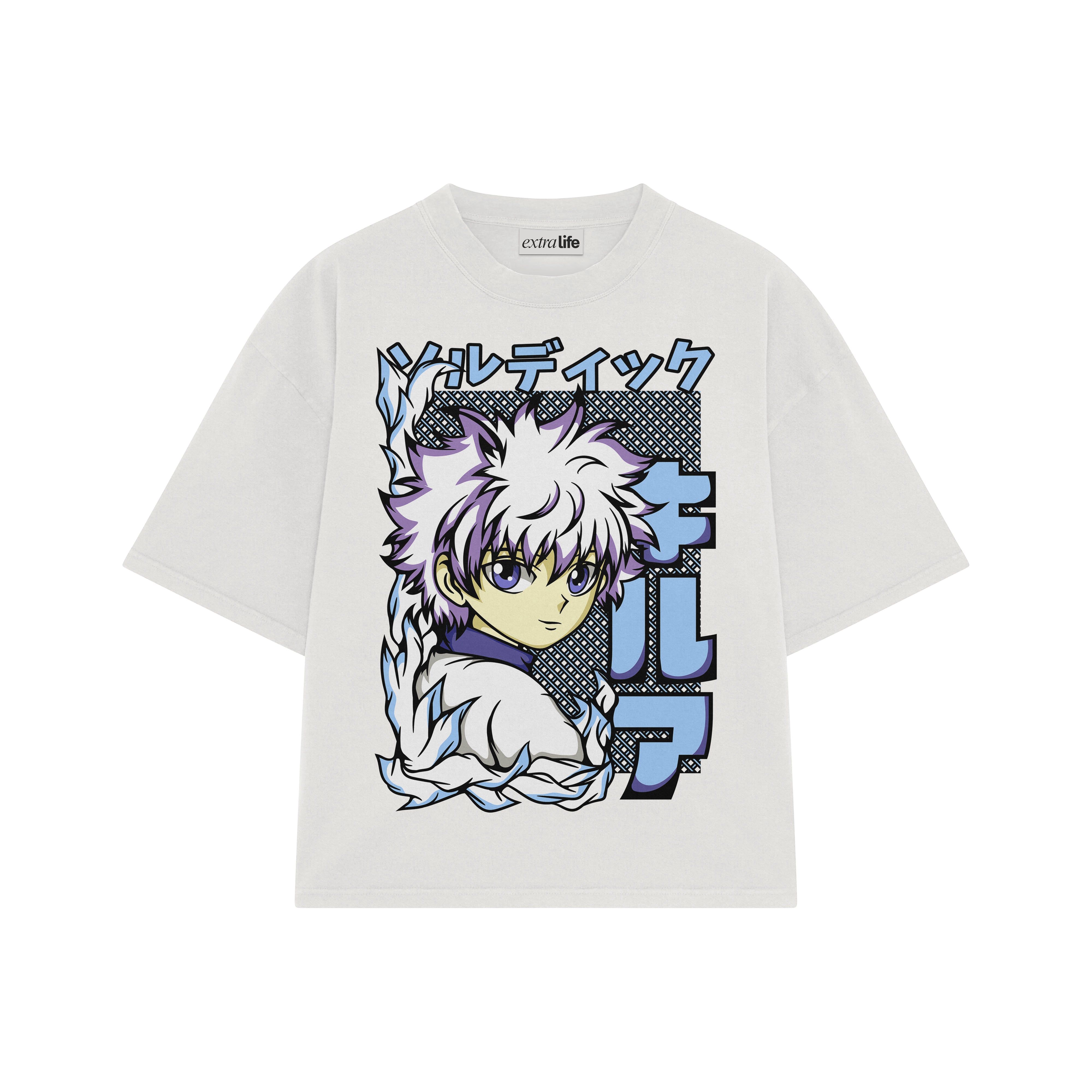 Playera streetwear premium de anime y gaming ExtraLife MX, corte boxy oversized drop shoulder heavyweight en color Deep Black y Off-White, moda urbana mexicana de culto.