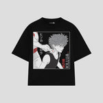 Playera streetwear premium de anime y gaming ExtraLife MX, corte boxy oversized drop shoulder heavyweight en color Deep Black y Off-White, moda urbana mexicana de culto.