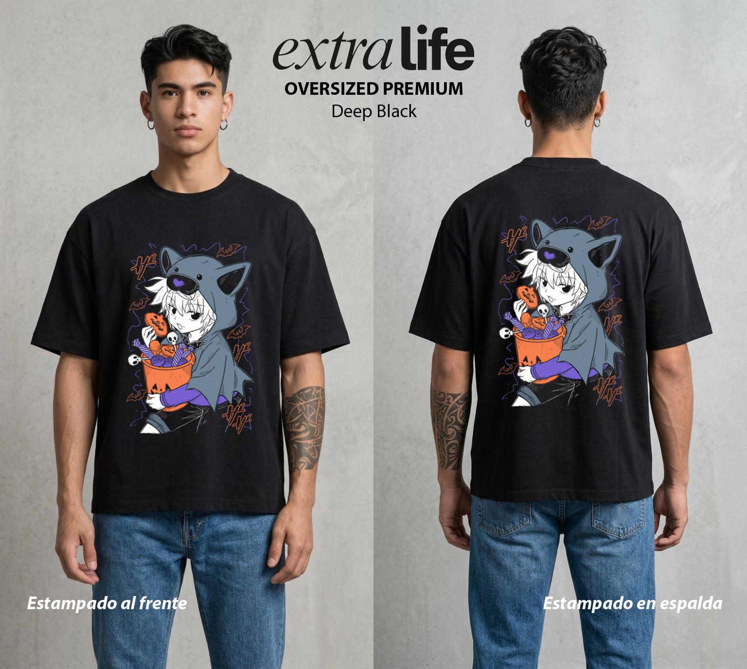 La Prueba del Cazador | El Asesino del Rayo en Halloween #01720 - Playera Oversized Premium | Deep Black - Foto en modelo