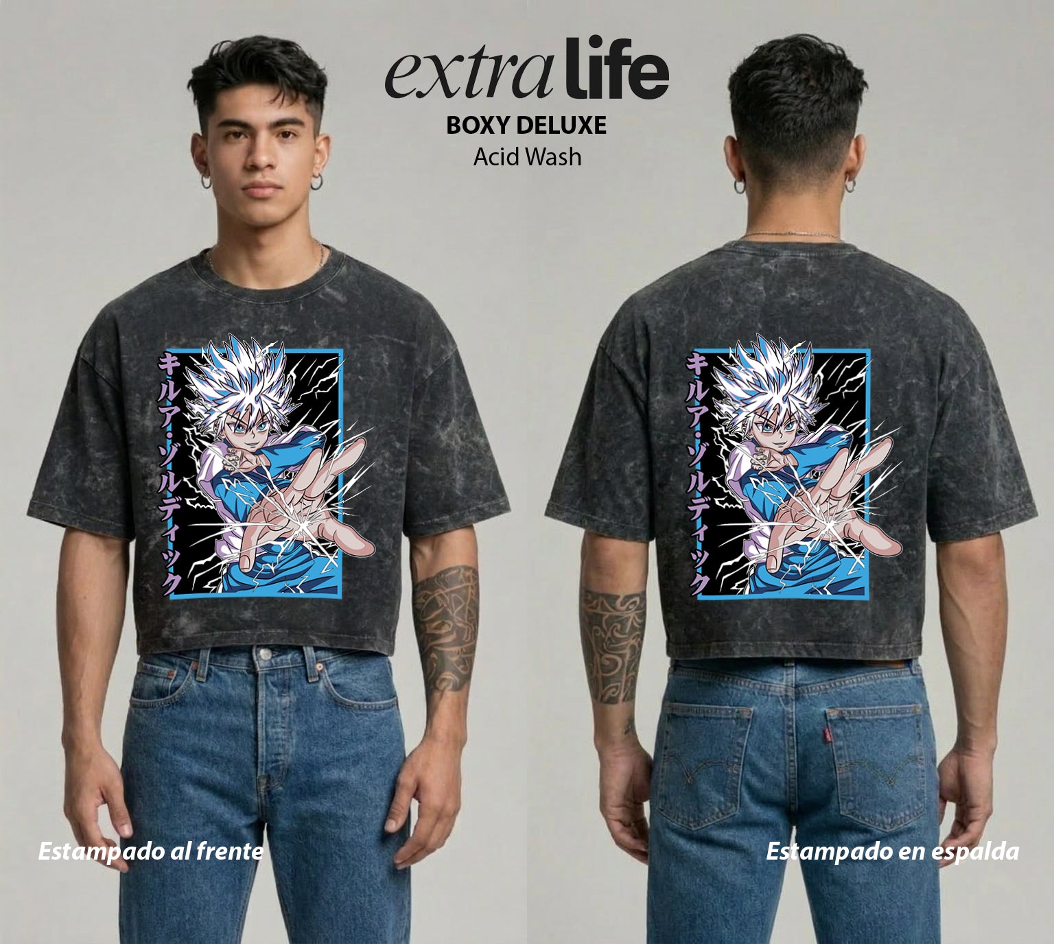 Playera streetwear premium de anime y gaming ExtraLife MX, corte boxy deluxe mineral wash heavyweight en color Acid Wash, moda urbana mexicana de culto.