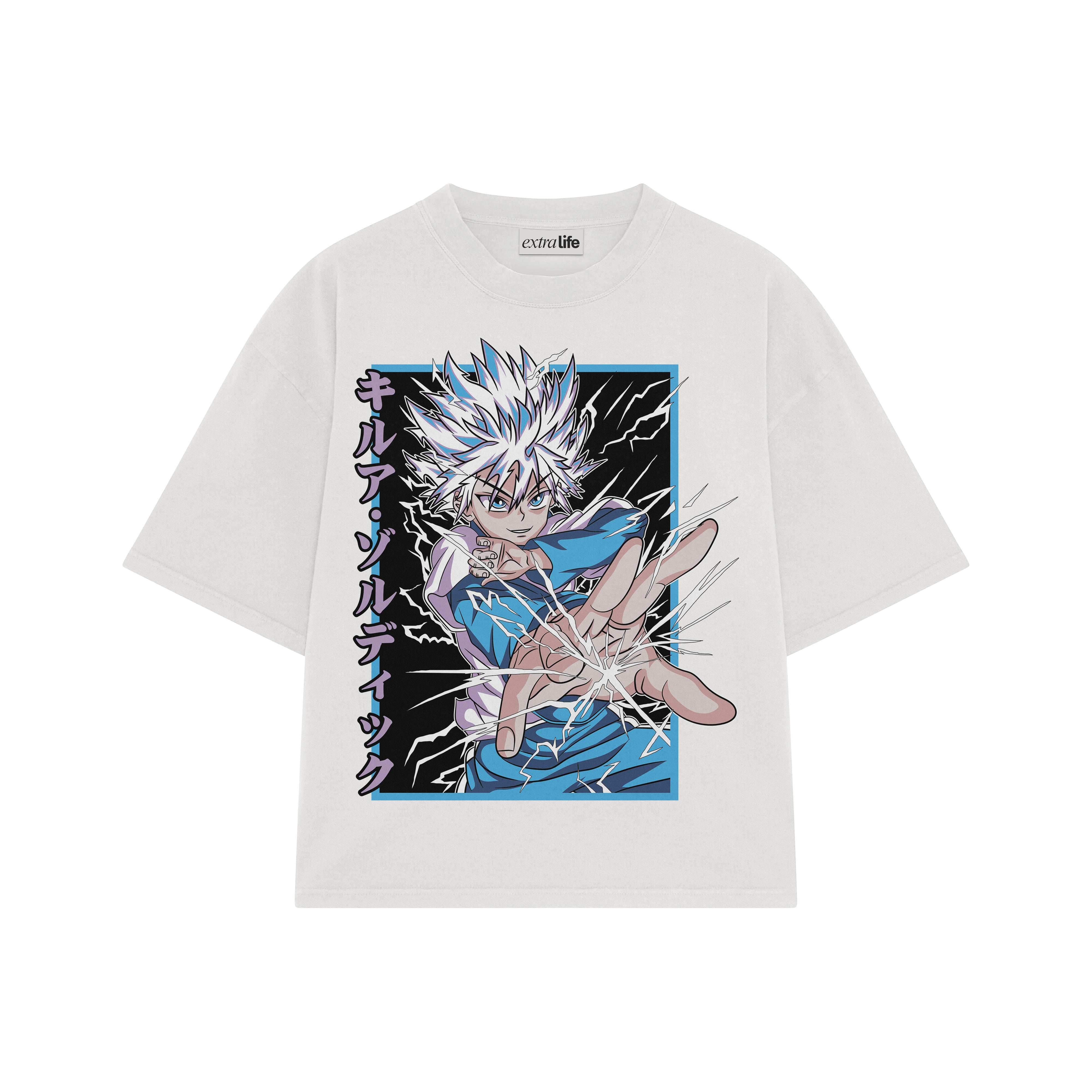 Playera streetwear premium de anime y gaming ExtraLife MX, corte boxy oversized drop shoulder heavyweight en color Deep Black y Off-White, moda urbana mexicana de culto.