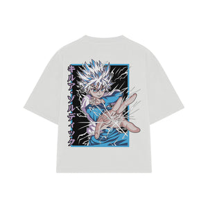 Playera streetwear premium de anime y gaming ExtraLife MX, corte boxy oversized drop shoulder heavyweight en color Deep Black y Off-White, moda urbana mexicana de culto.