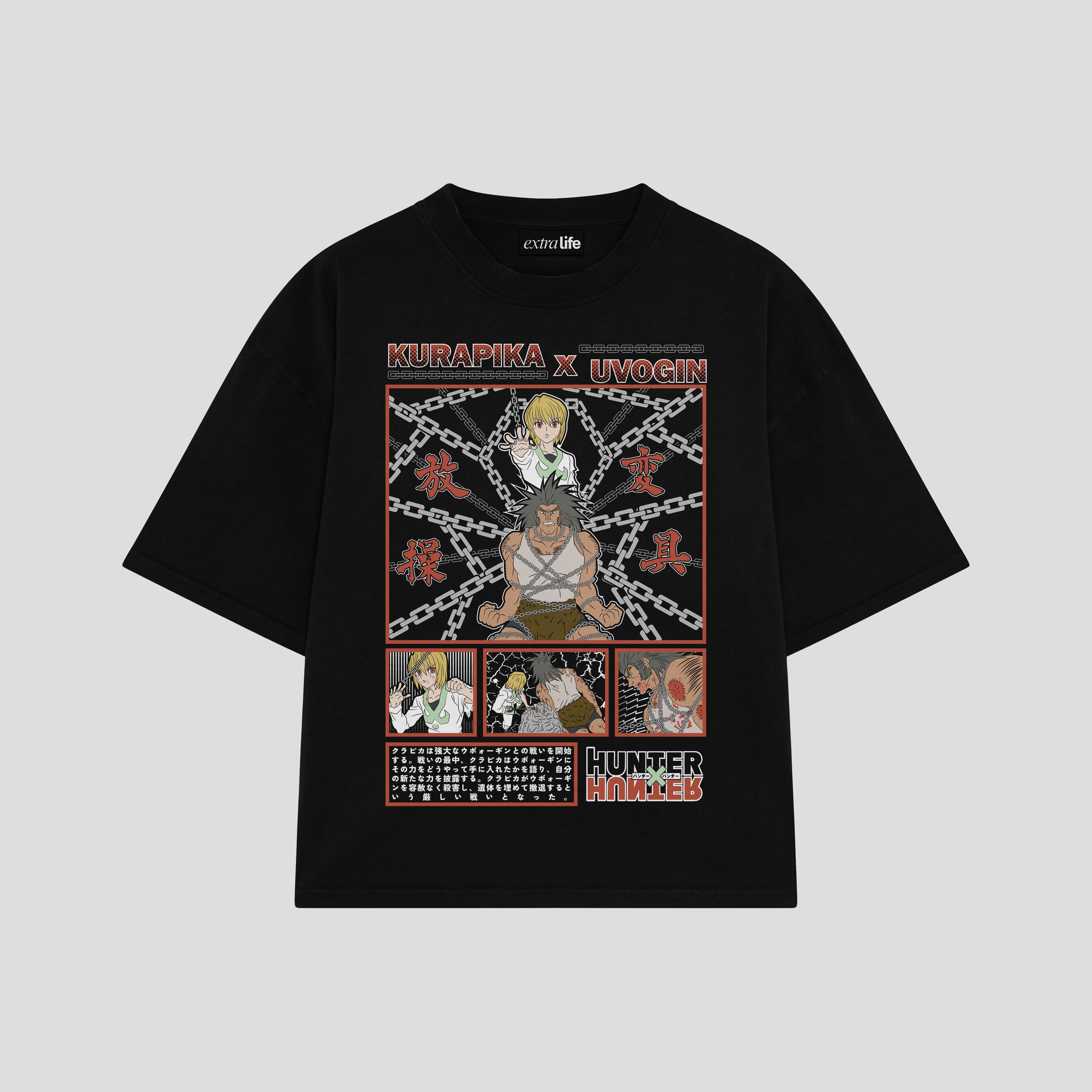 Playera streetwear premium de anime y gaming ExtraLife MX, corte boxy oversized drop shoulder heavyweight en color Deep Black y Off-White, moda urbana mexicana de culto.