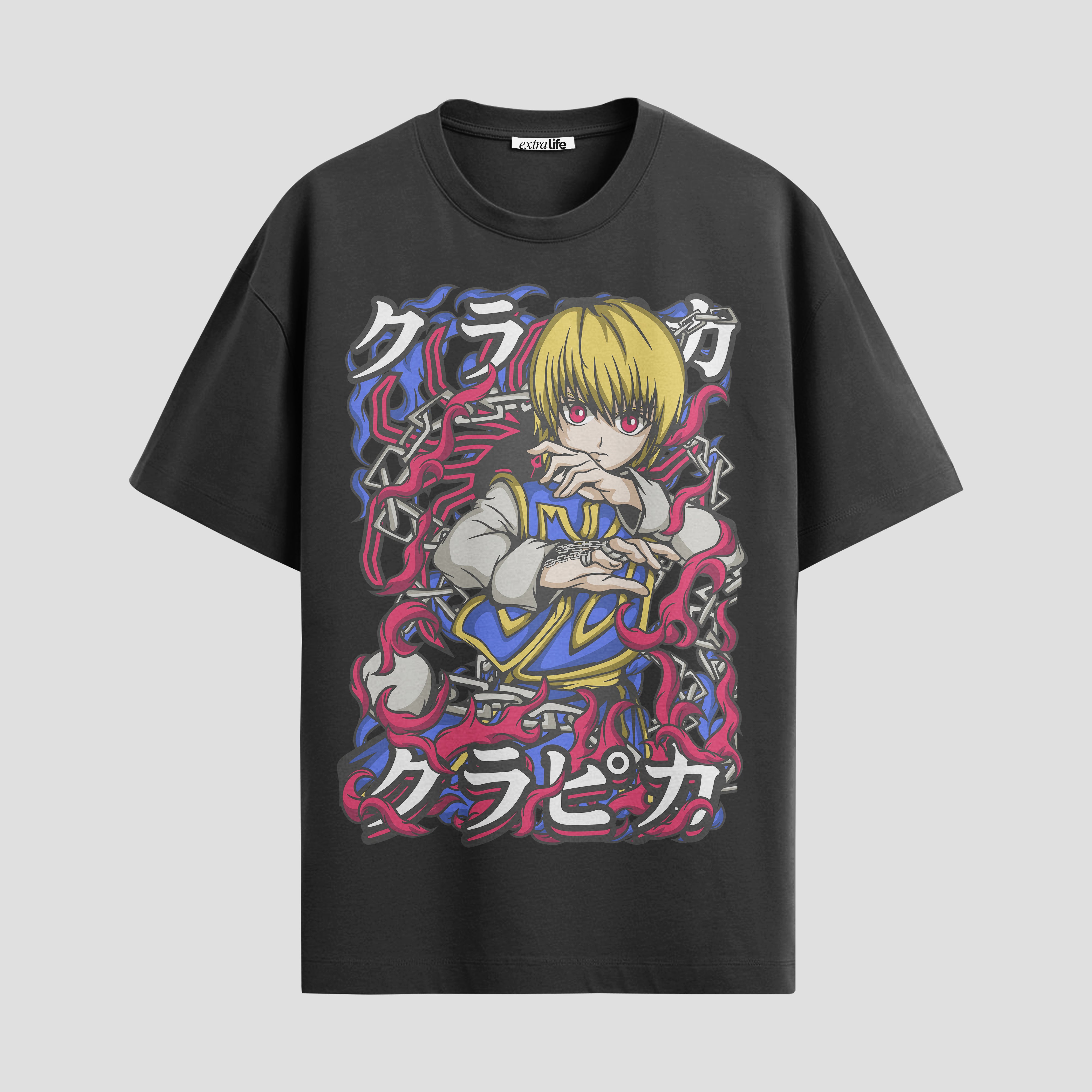 Playera urbana de anime y gaming ExtraLife MX, corte Standard Fit unisex ligero y transpirable en color Deep Black y Pure White, ropa de uso diario para gym y casual.