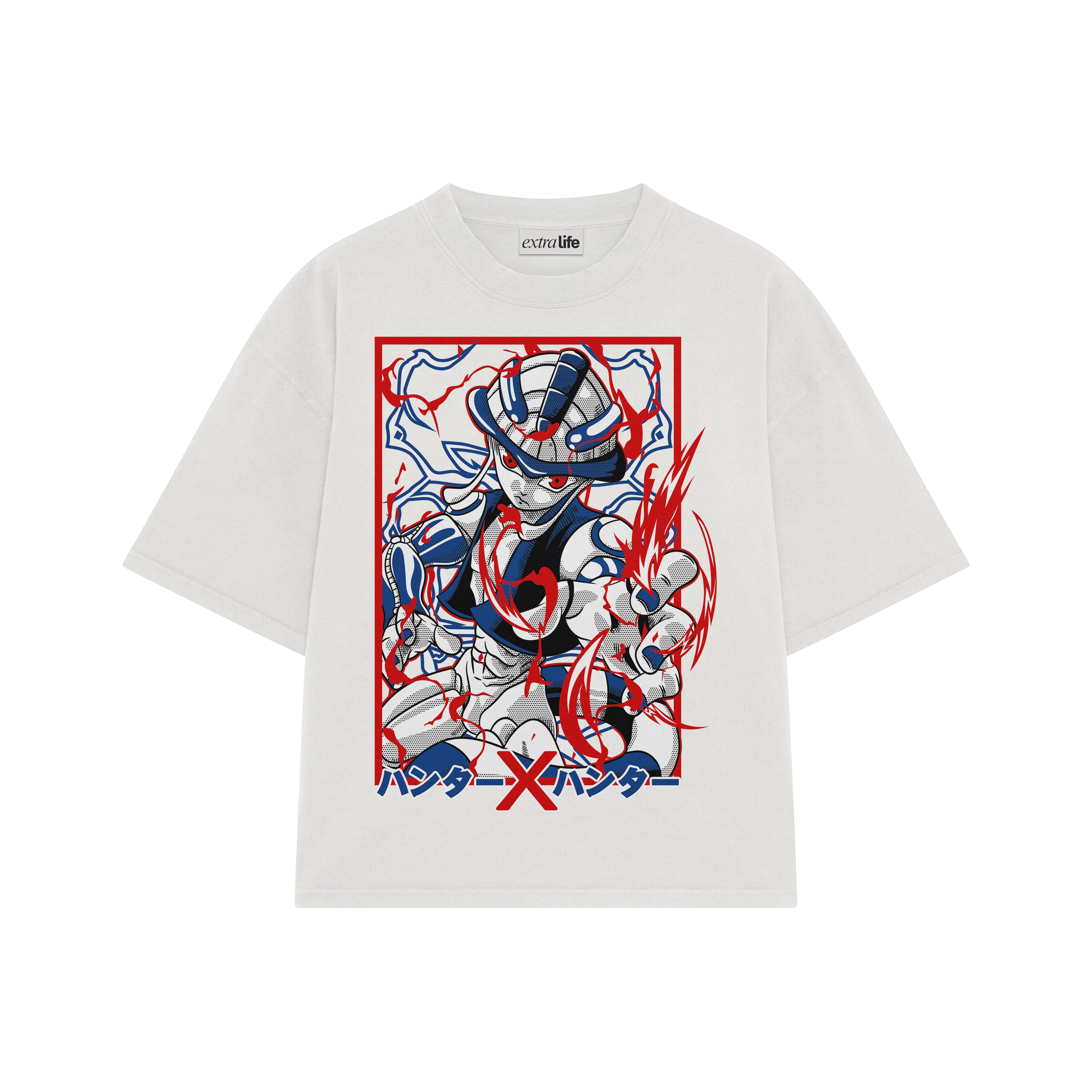 Playera streetwear premium de anime y gaming ExtraLife MX, corte boxy oversized drop shoulder heavyweight en color Deep Black y Off-White, moda urbana mexicana de culto.