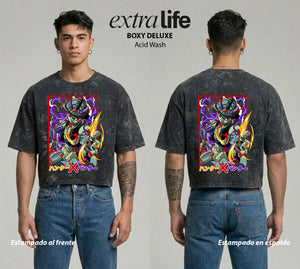 Playera streetwear premium de anime y gaming ExtraLife MX, corte boxy deluxe mineral wash heavyweight en color Acid Wash, moda urbana mexicana de culto.