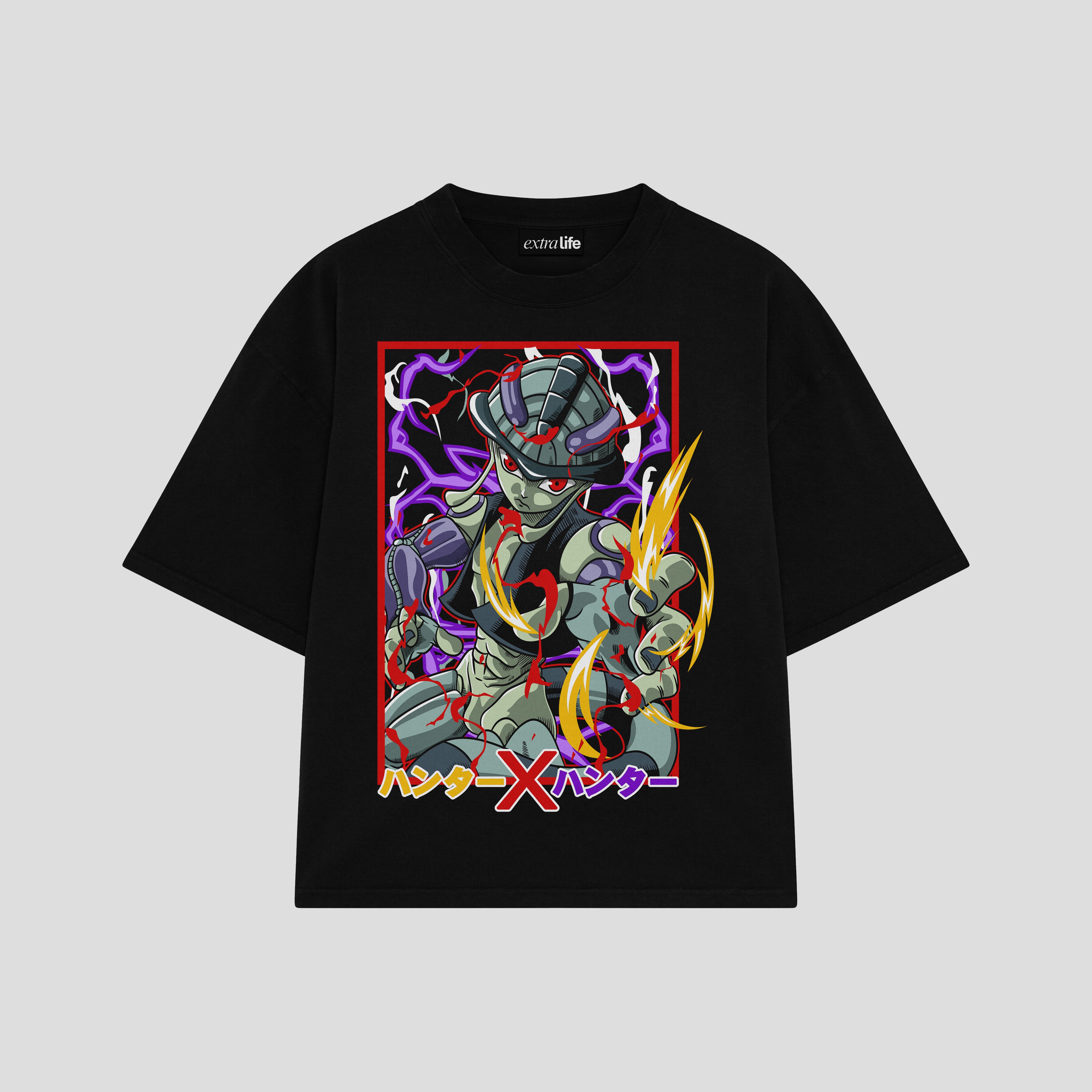 Playera streetwear premium de anime y gaming ExtraLife MX, corte boxy oversized drop shoulder heavyweight en color Deep Black y Off-White, moda urbana mexicana de culto.