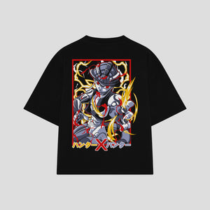 Playera streetwear premium de anime y gaming ExtraLife MX, corte boxy oversized drop shoulder heavyweight en color Deep Black y Off-White, moda urbana mexicana de culto.