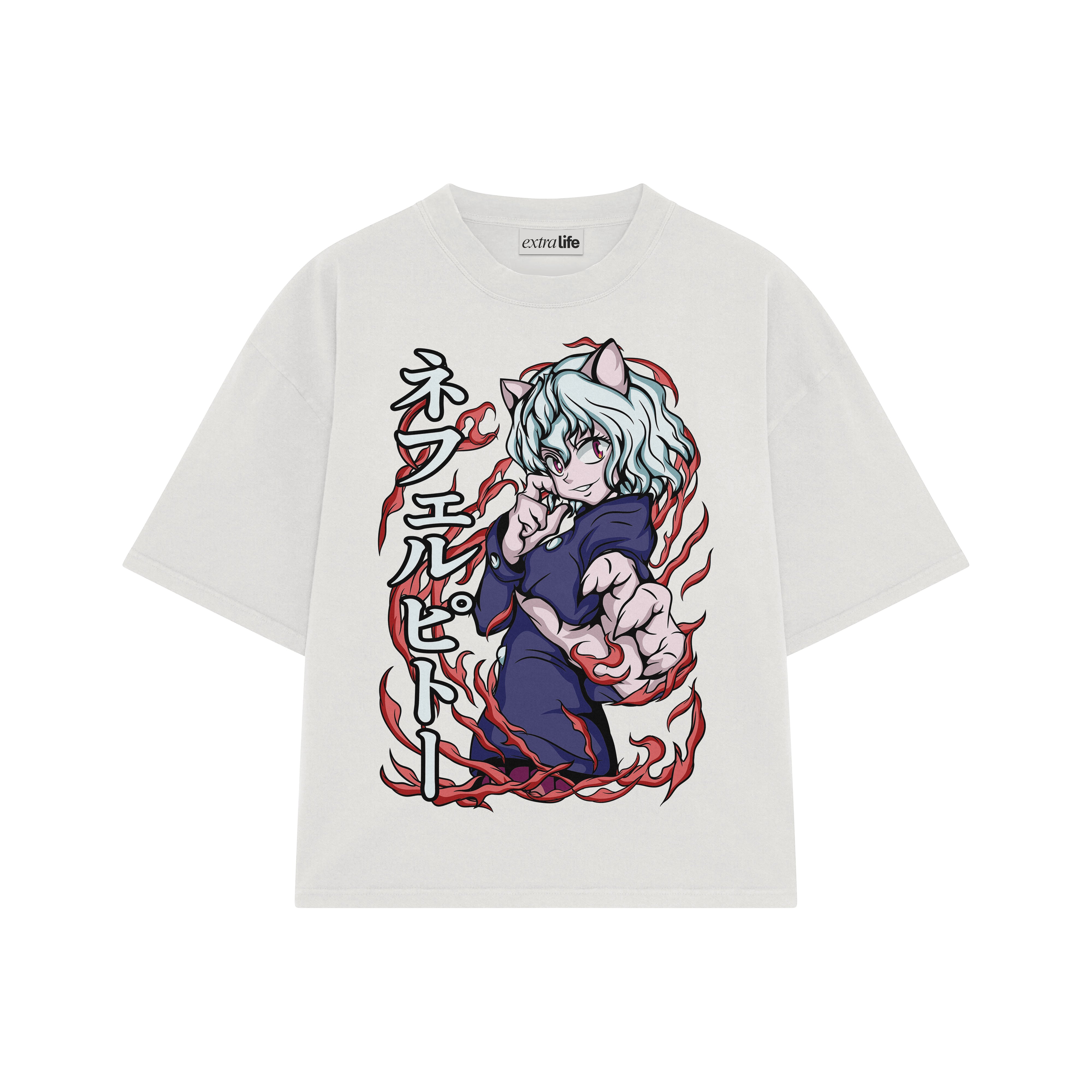 Playera streetwear premium de anime y gaming ExtraLife MX, corte boxy oversized drop shoulder heavyweight en color Deep Black y Off-White, moda urbana mexicana de culto.