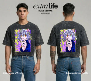 Playera streetwear premium de anime y gaming ExtraLife MX, corte boxy deluxe mineral wash heavyweight en color Acid Wash, moda urbana mexicana de culto.