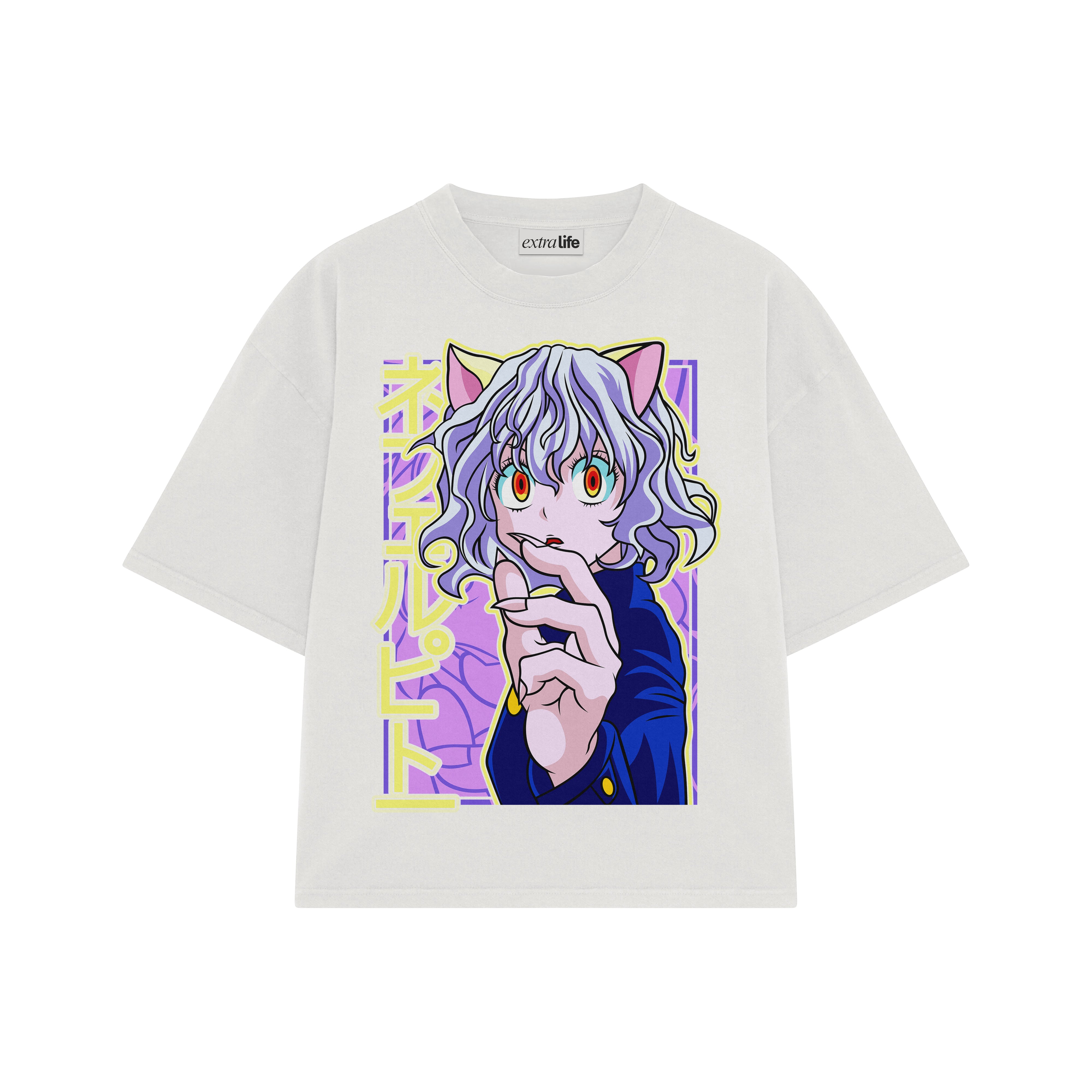 Playera streetwear premium de anime y gaming ExtraLife MX, corte boxy oversized drop shoulder heavyweight en color Deep Black y Off-White, moda urbana mexicana de culto.