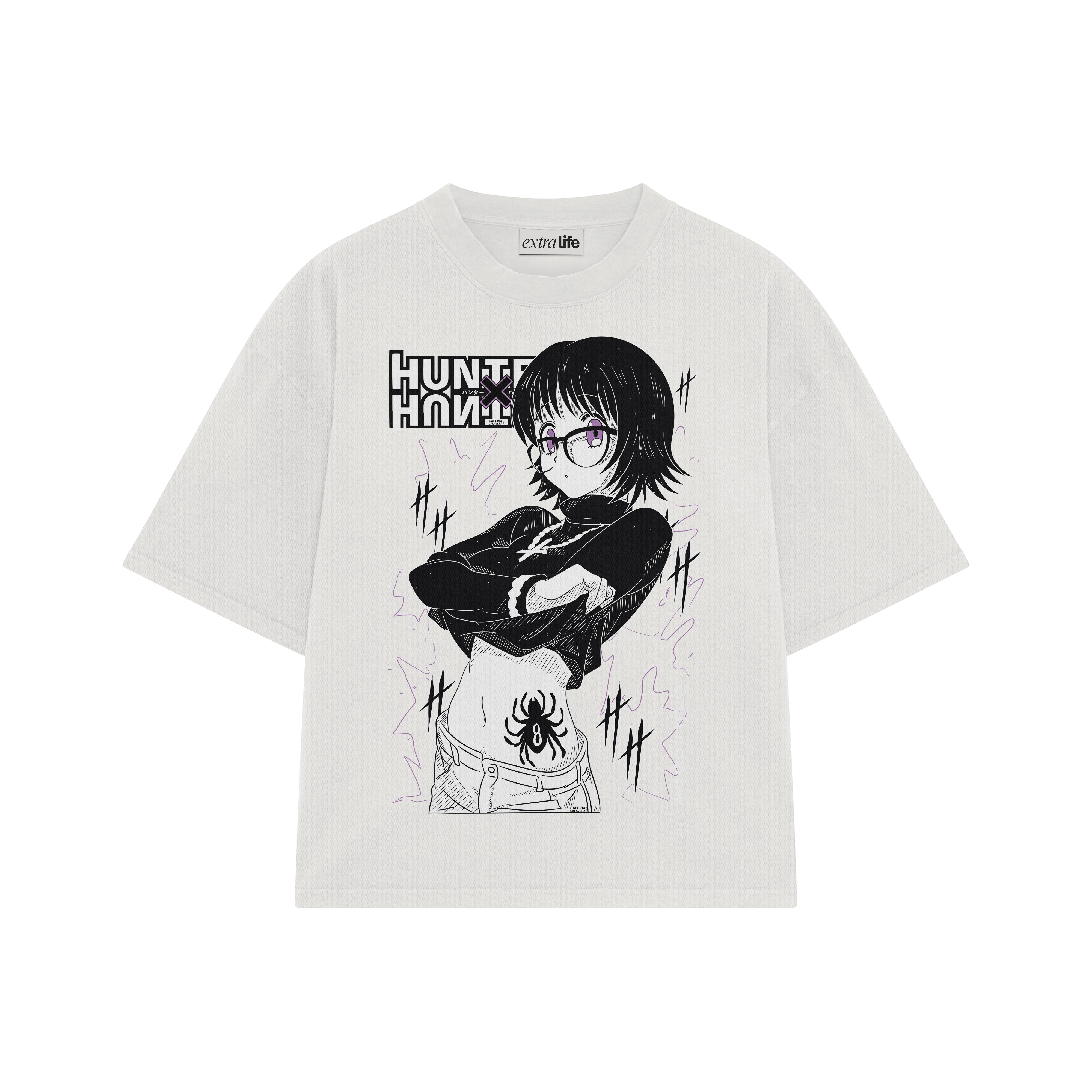 Playera streetwear premium de anime y gaming ExtraLife MX, corte boxy oversized drop shoulder heavyweight en color Deep Black y Off-White, moda urbana mexicana de culto.