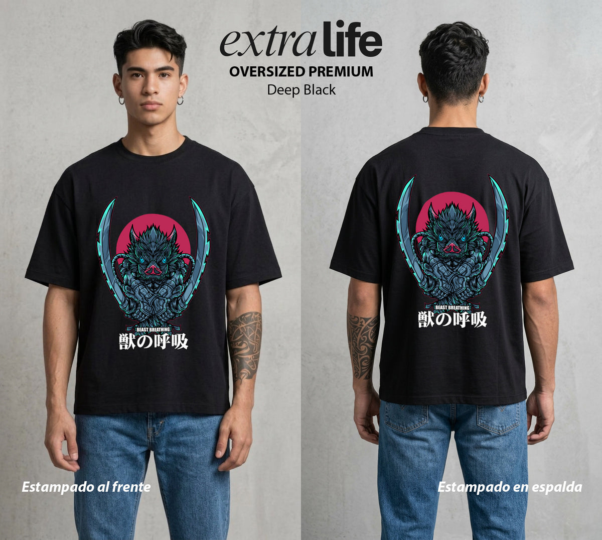 Cazadores de la Noche | El Jabalí del Monte #01732 - Playera Oversized Premium | Deep Black - Foto en modelo