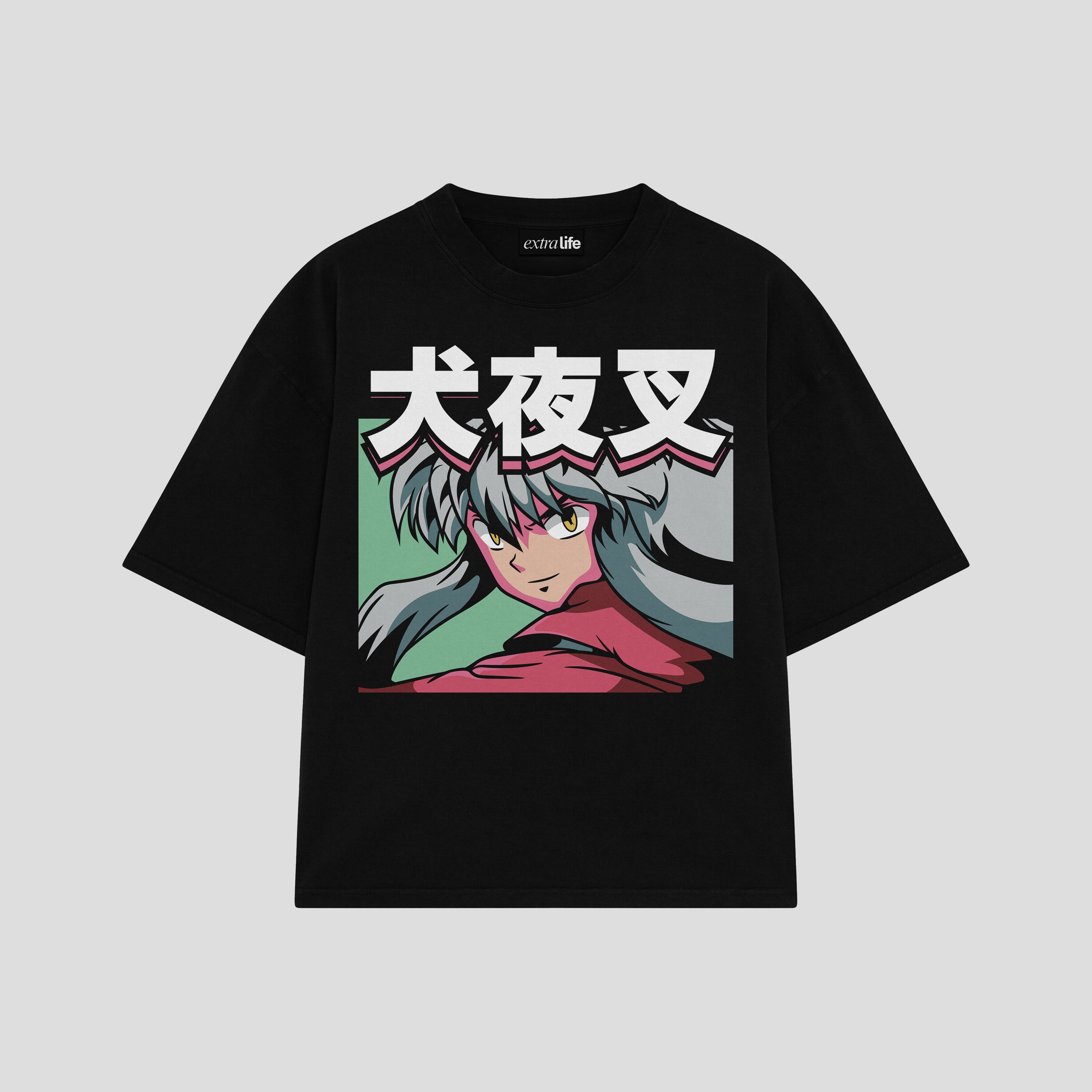 Playera streetwear premium de anime y gaming ExtraLife MX, corte boxy oversized drop shoulder heavyweight en color Deep Black y Off-White, moda urbana mexicana de culto.