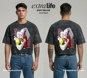 Playera streetwear premium de anime y gaming ExtraLife MX, corte boxy deluxe mineral wash heavyweight en color Acid Wash, moda urbana mexicana de culto.