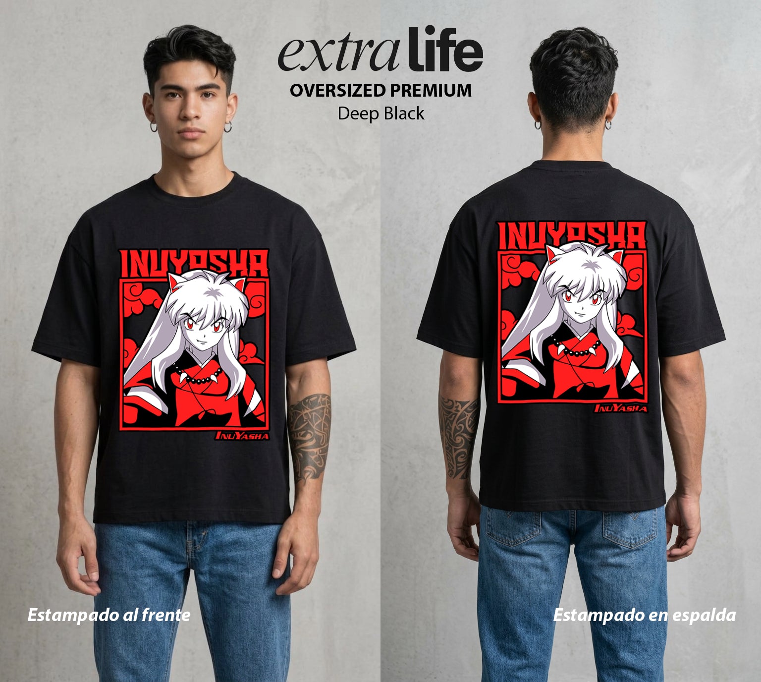 El Medio Demonio | La Tessaiga del Bien #01737 - Playera Oversized Premium | Deep Black - Foto en modelo