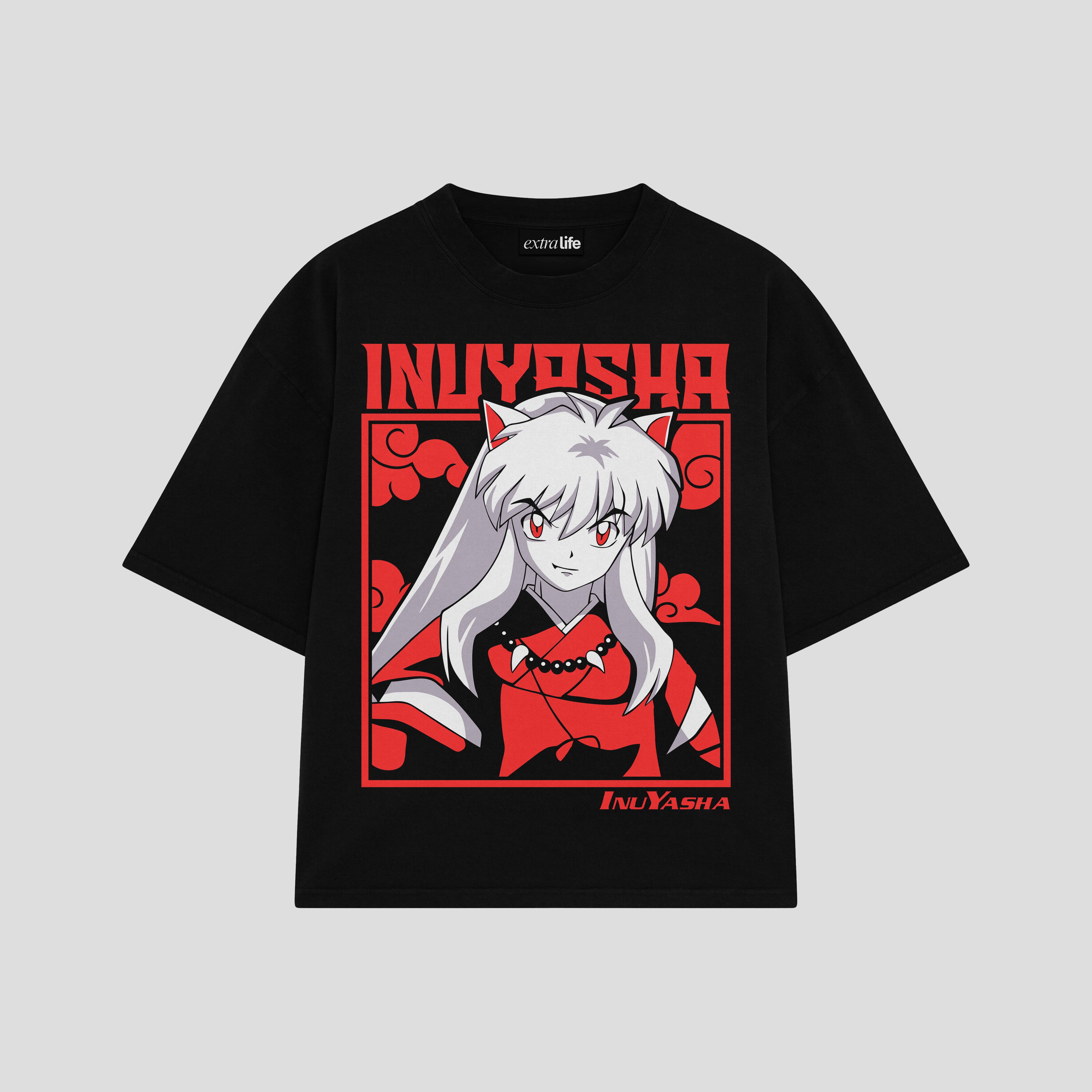 Playera streetwear premium de anime y gaming ExtraLife MX, corte boxy oversized drop shoulder heavyweight en color Deep Black y Off-White, moda urbana mexicana de culto.