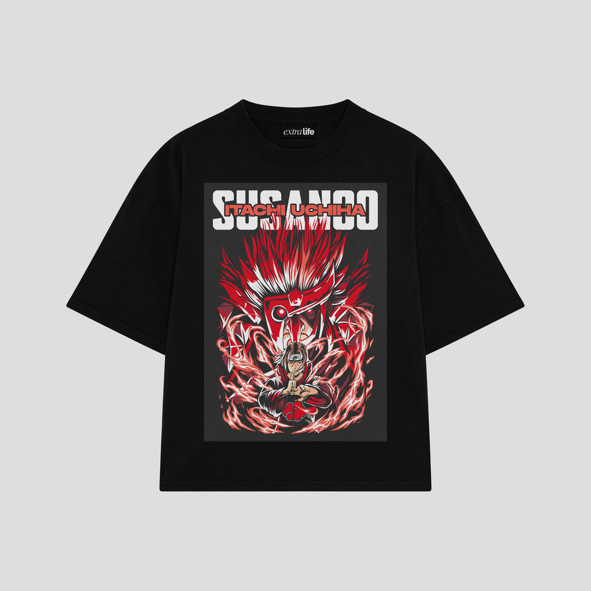 Playera streetwear premium de anime y gaming ExtraLife MX, corte oversized drop shoulder ligero y fresco en color Deep Black y Off-White, moda urbana mexicana de culto.