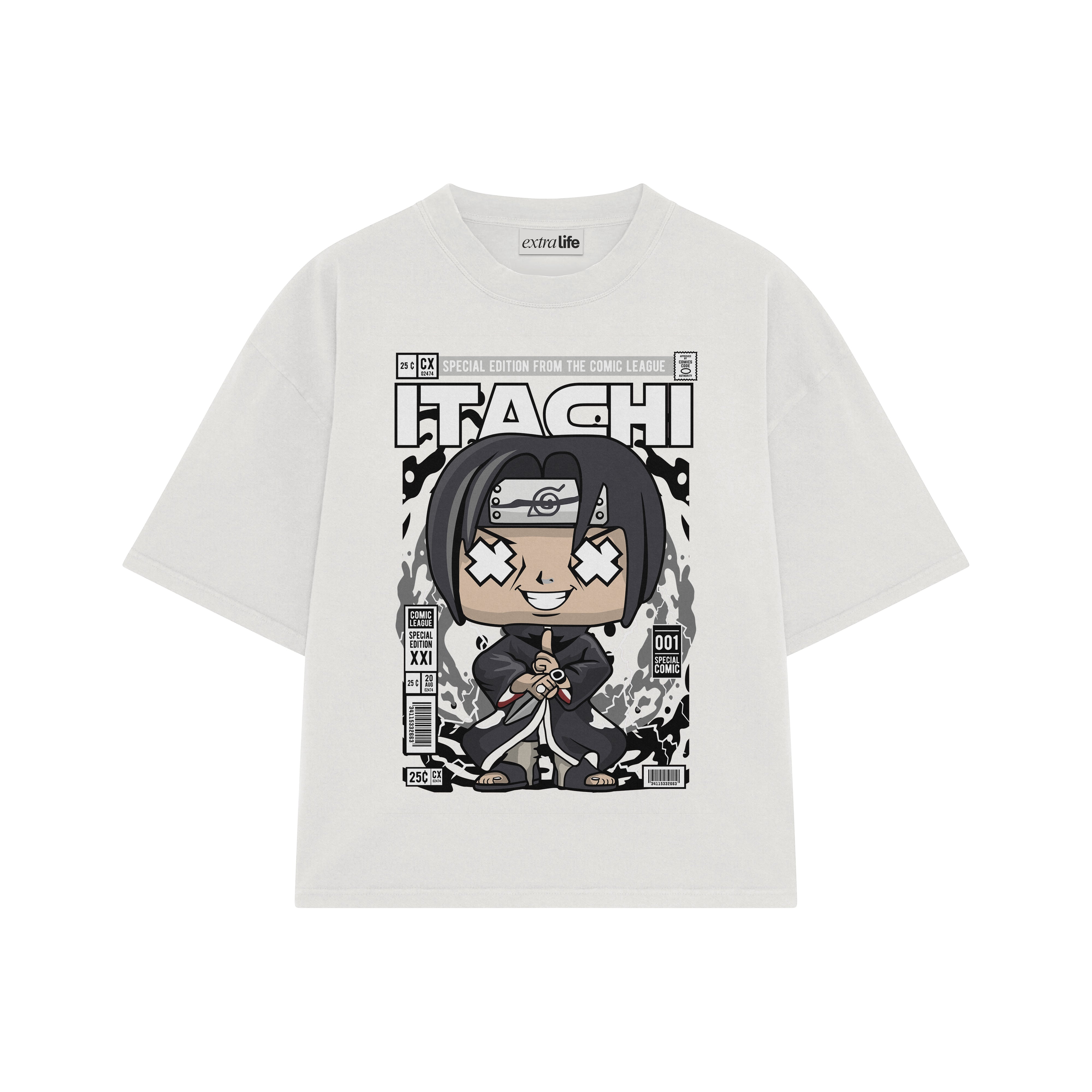 Playera streetwear premium de anime y gaming ExtraLife MX, corte boxy oversized drop shoulder heavyweight en color Deep Black y Off-White, moda urbana mexicana de culto.