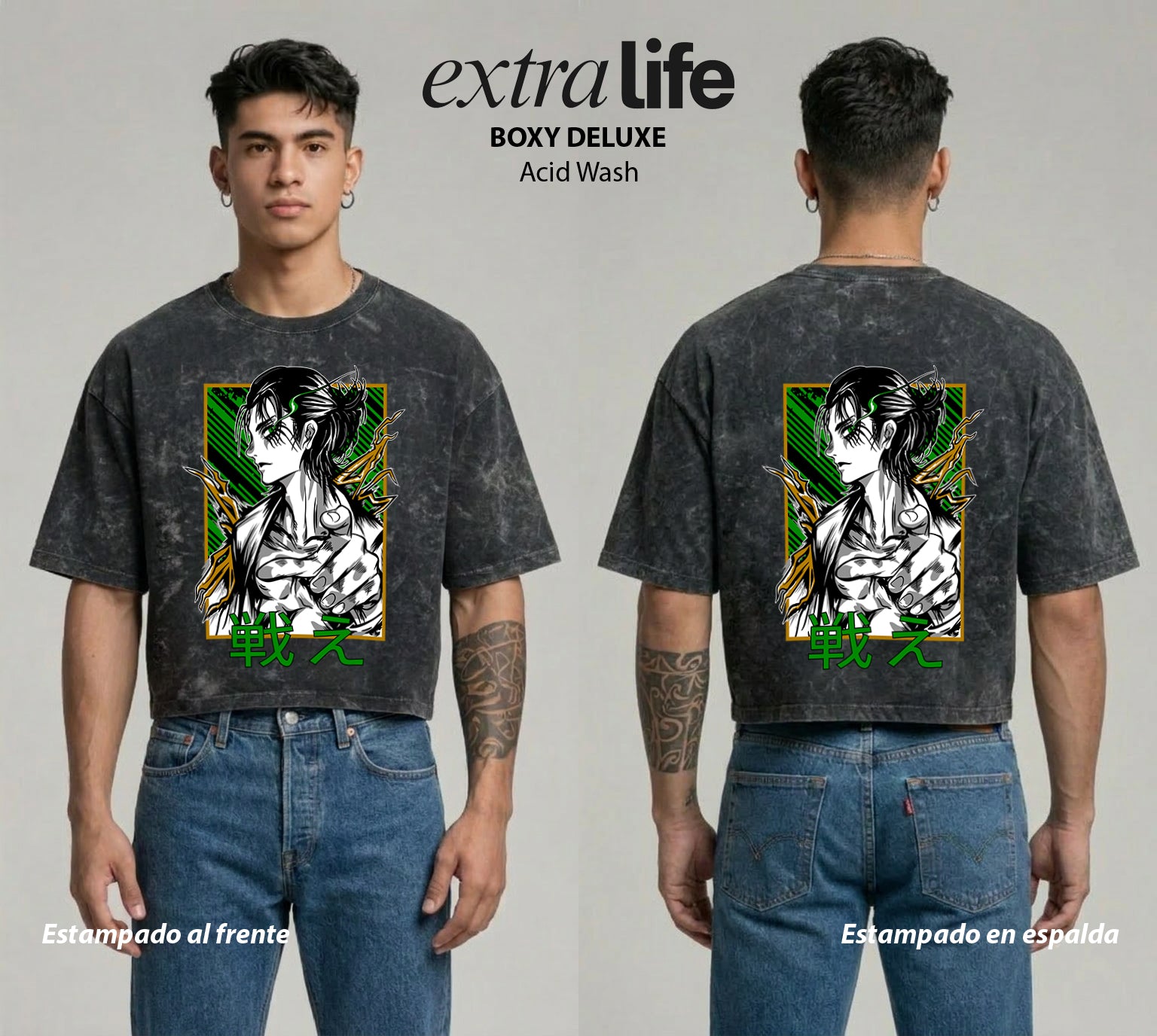 Playera streetwear premium de anime y gaming ExtraLife MX, corte boxy deluxe mineral wash heavyweight en color Acid Wash, moda urbana mexicana de culto.
