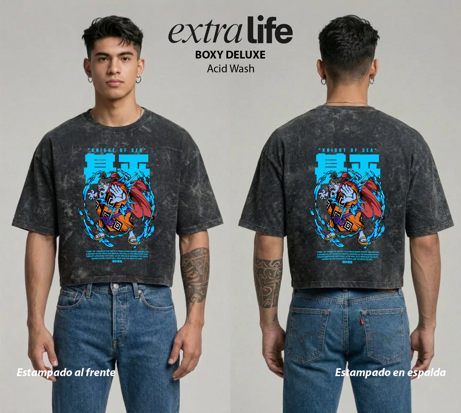 Playera streetwear premium de anime y gaming ExtraLife MX, corte boxy deluxe mineral wash heavyweight en color Acid Wash, moda urbana mexicana de culto.
