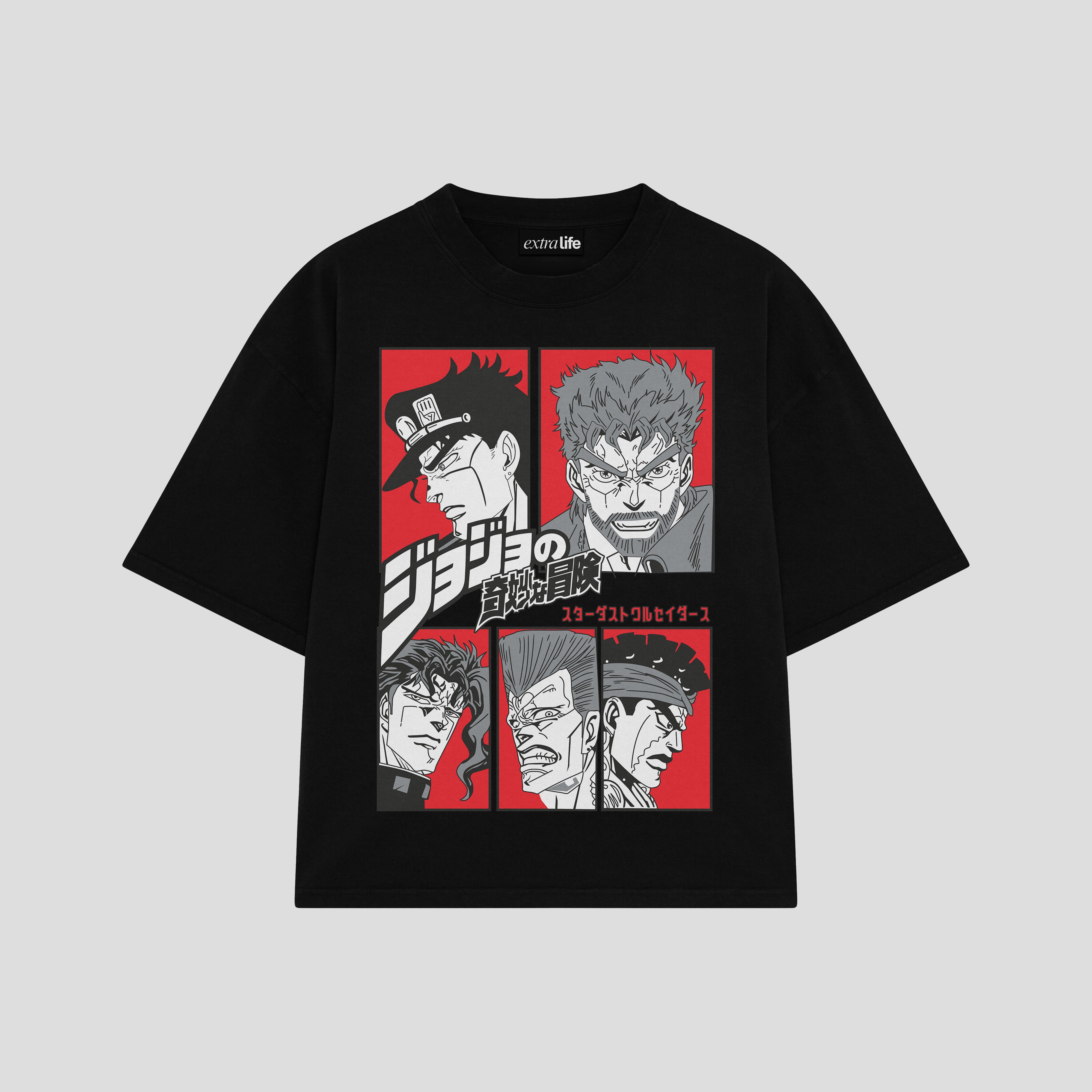 Playera streetwear premium de anime y gaming ExtraLife MX, corte boxy oversized drop shoulder heavyweight en color Deep Black y Off-White, moda urbana mexicana de culto.