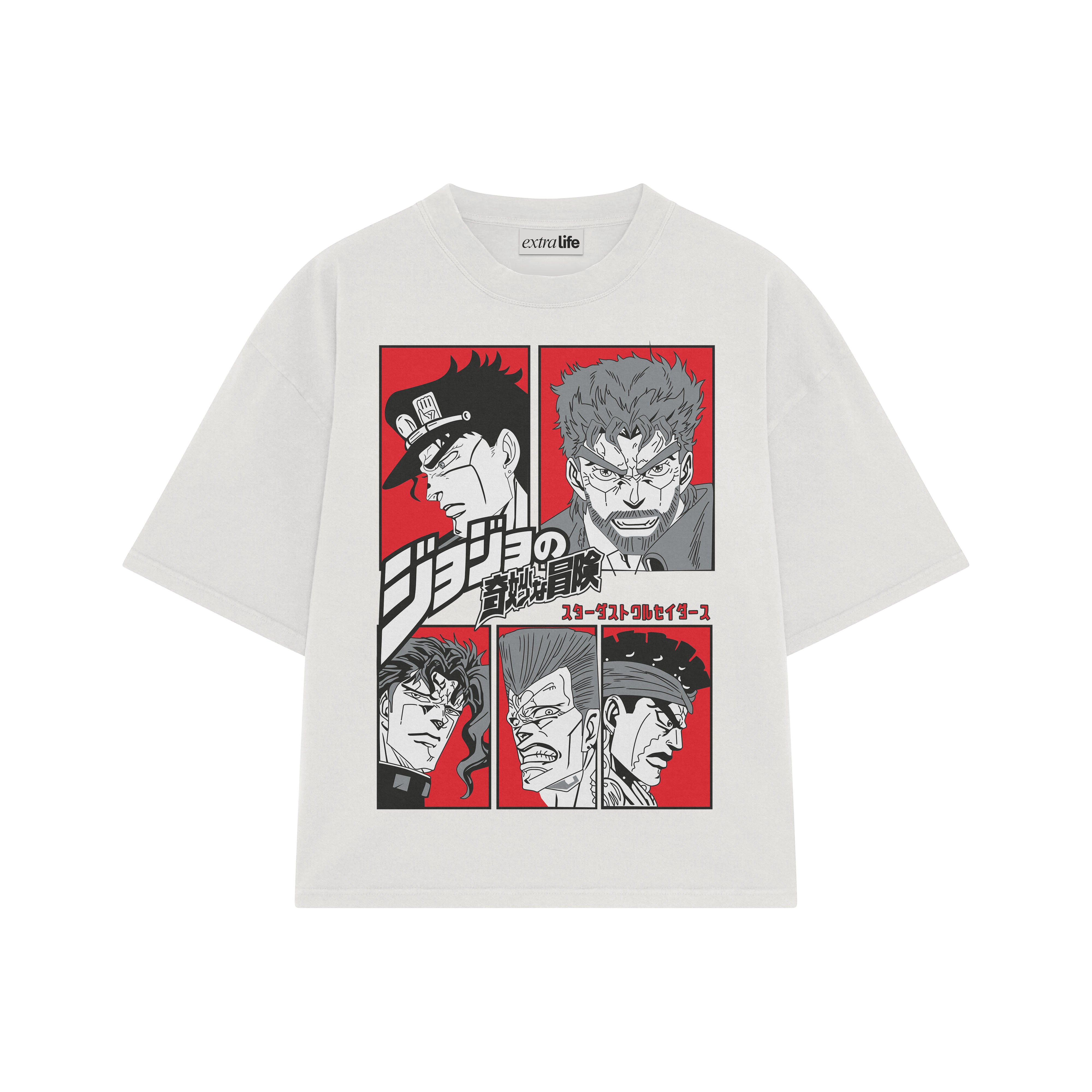 Playera streetwear premium de anime y gaming ExtraLife MX, corte boxy oversized drop shoulder heavyweight en color Deep Black y Off-White, moda urbana mexicana de culto.