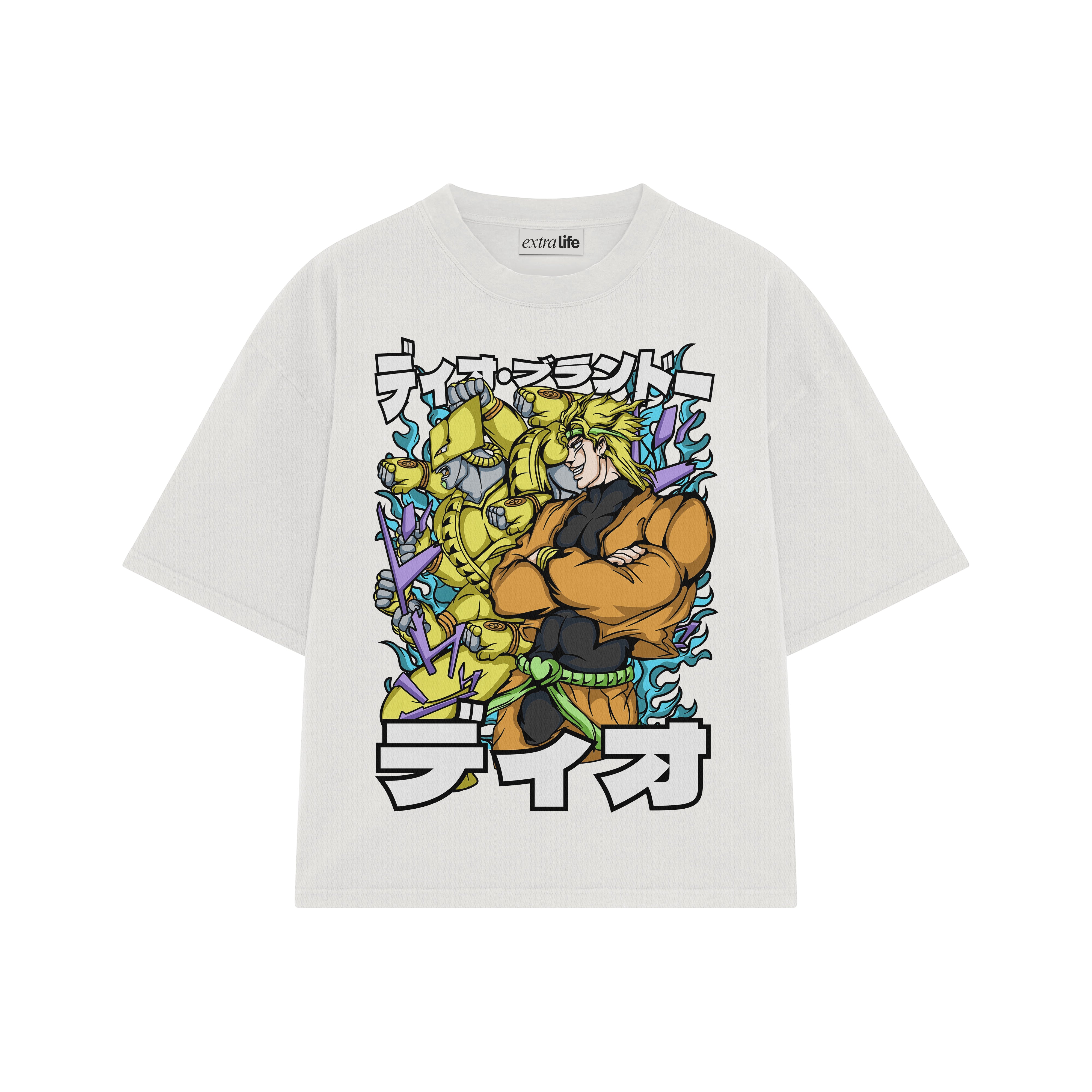 Playera streetwear premium de anime y gaming ExtraLife MX, corte boxy oversized drop shoulder heavyweight en color Deep Black y Off-White, moda urbana mexicana de culto.