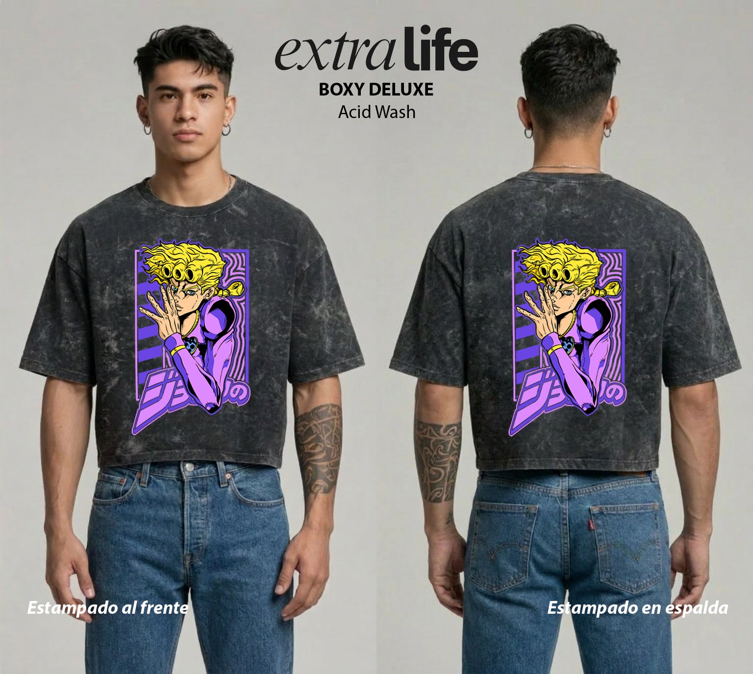 Playera streetwear premium de anime y gaming ExtraLife MX, corte boxy deluxe mineral wash heavyweight en color Acid Wash, moda urbana mexicana de culto.