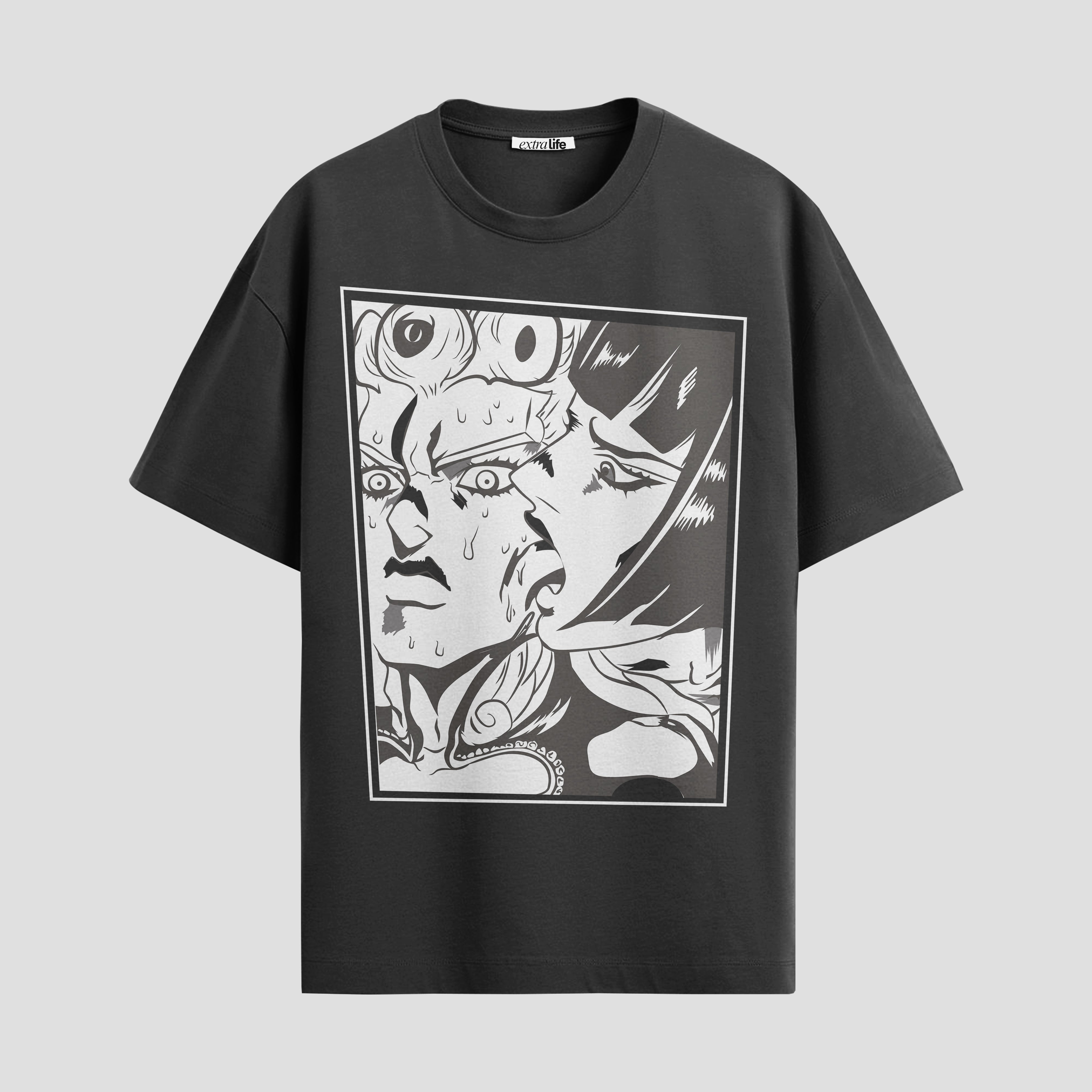 Playera urbana de anime y gaming ExtraLife MX, corte Standard Fit unisex ligero y transpirable en color Deep Black y Pure White, ropa de uso diario para gym y casual.