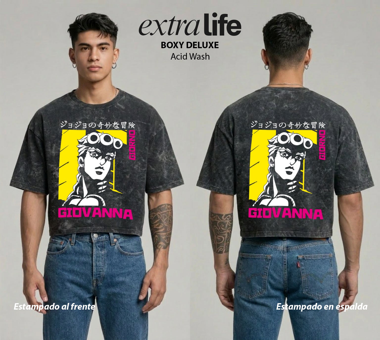 Playera streetwear premium de anime y gaming ExtraLife MX, corte boxy deluxe mineral wash heavyweight en color Acid Wash, moda urbana mexicana de culto.
