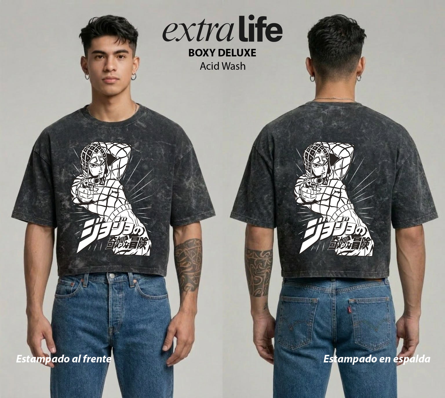 Playera streetwear premium de anime y gaming ExtraLife MX, corte boxy deluxe mineral wash heavyweight en color Acid Wash, moda urbana mexicana de culto.