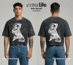 Playera streetwear premium de anime y gaming ExtraLife MX, corte boxy deluxe mineral wash heavyweight en color Acid Wash, moda urbana mexicana de culto.