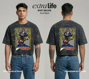 Playera streetwear premium de anime y gaming ExtraLife MX, corte boxy deluxe mineral wash heavyweight en color Acid Wash, moda urbana mexicana de culto.
