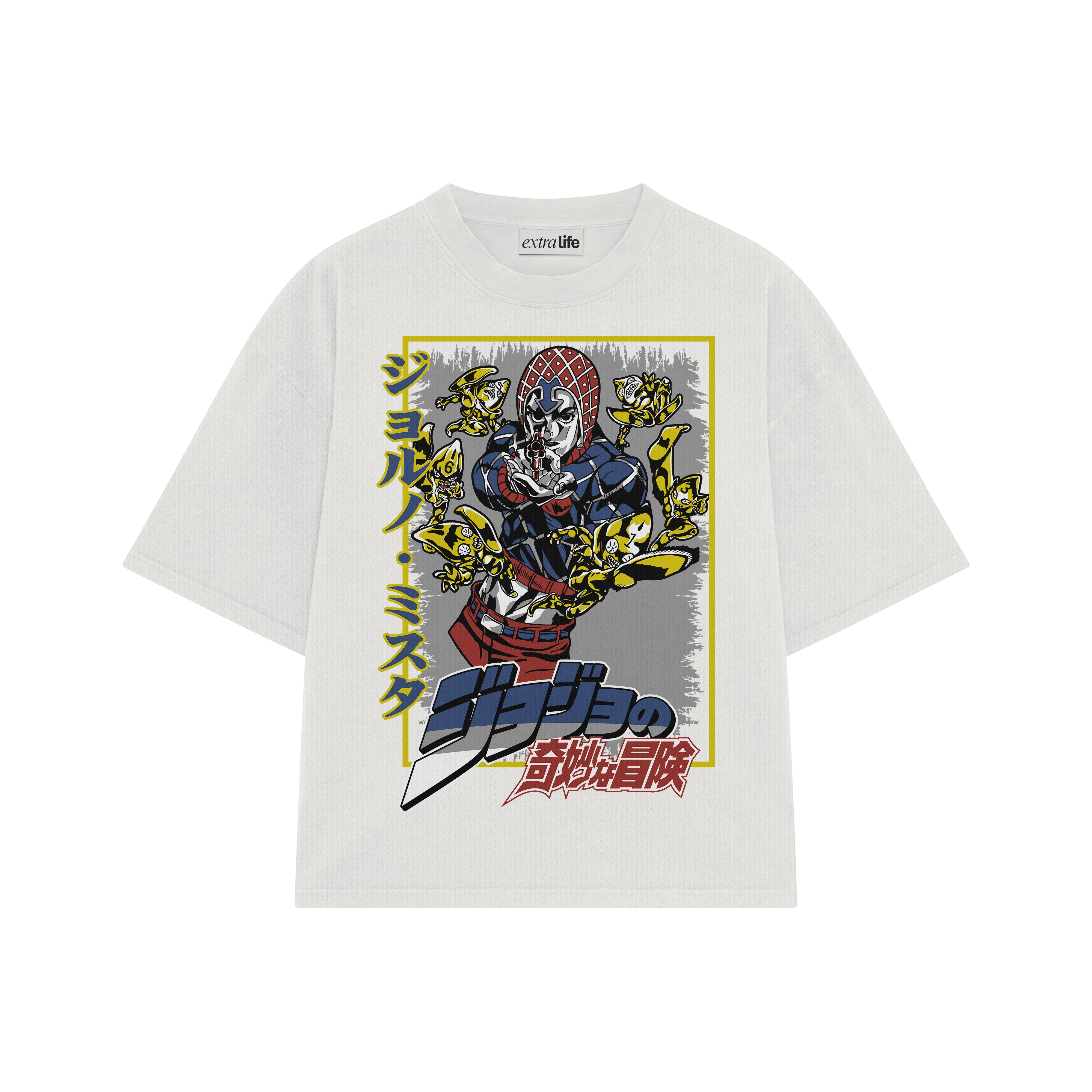 Playera streetwear premium de anime y gaming ExtraLife MX, corte boxy oversized drop shoulder heavyweight en color Deep Black y Off-White, moda urbana mexicana de culto.