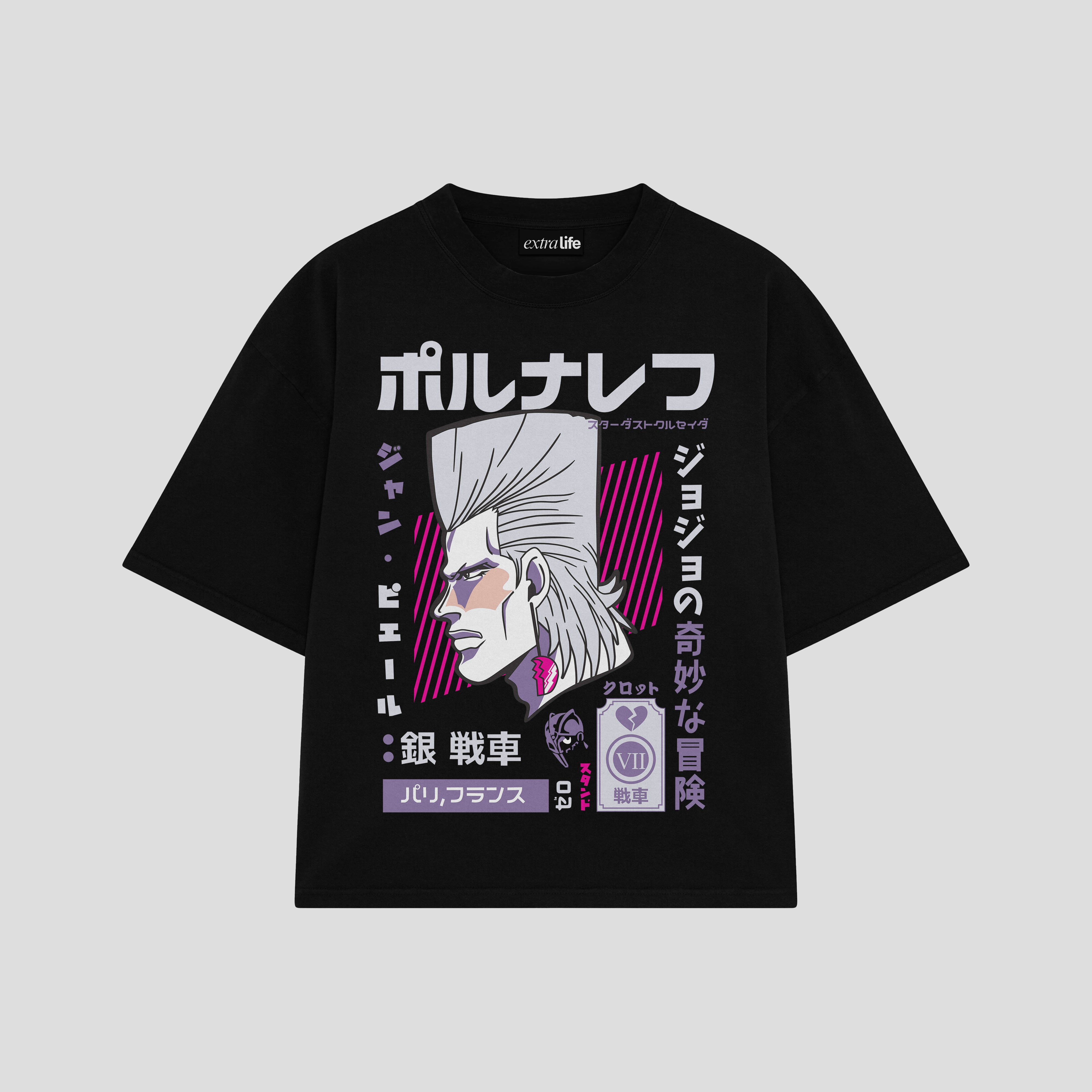 Playera streetwear premium de anime y gaming ExtraLife MX, corte boxy oversized drop shoulder heavyweight en color Deep Black y Off-White, moda urbana mexicana de culto.