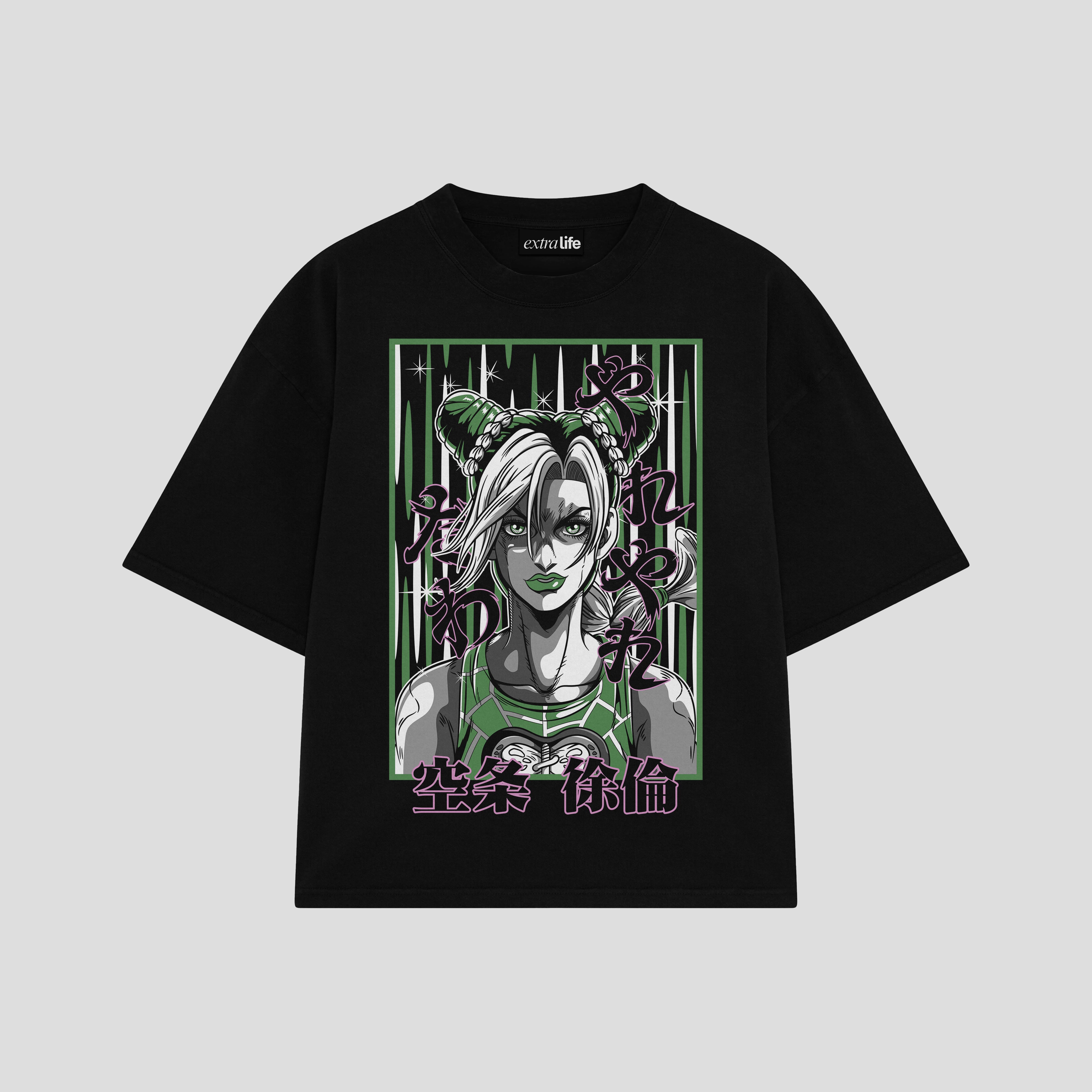Playera streetwear premium de anime y gaming ExtraLife MX, corte boxy oversized drop shoulder heavyweight en color Deep Black y Off-White, moda urbana mexicana de culto.