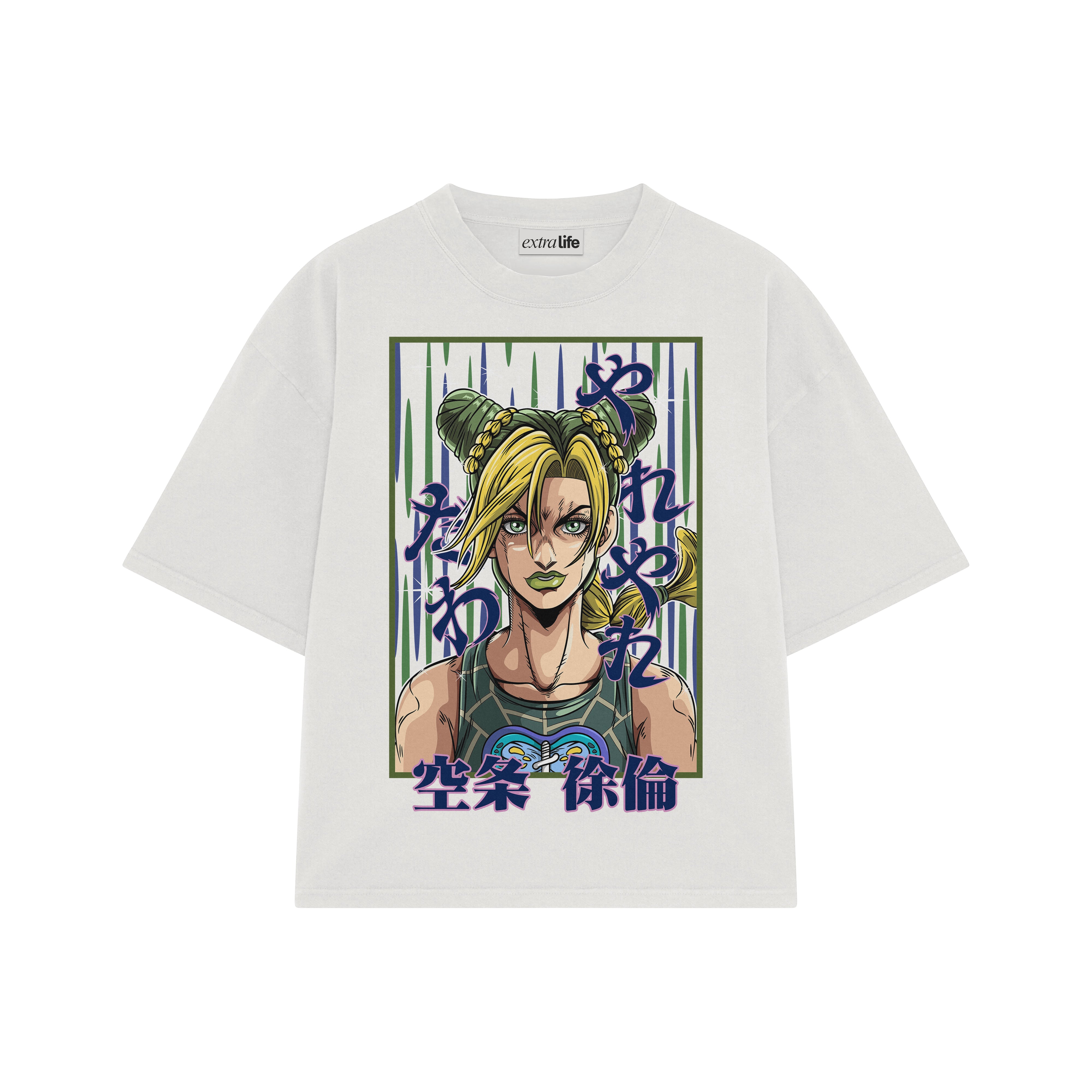 Playera streetwear premium de anime y gaming ExtraLife MX, corte boxy oversized drop shoulder heavyweight en color Deep Black y Off-White, moda urbana mexicana de culto.