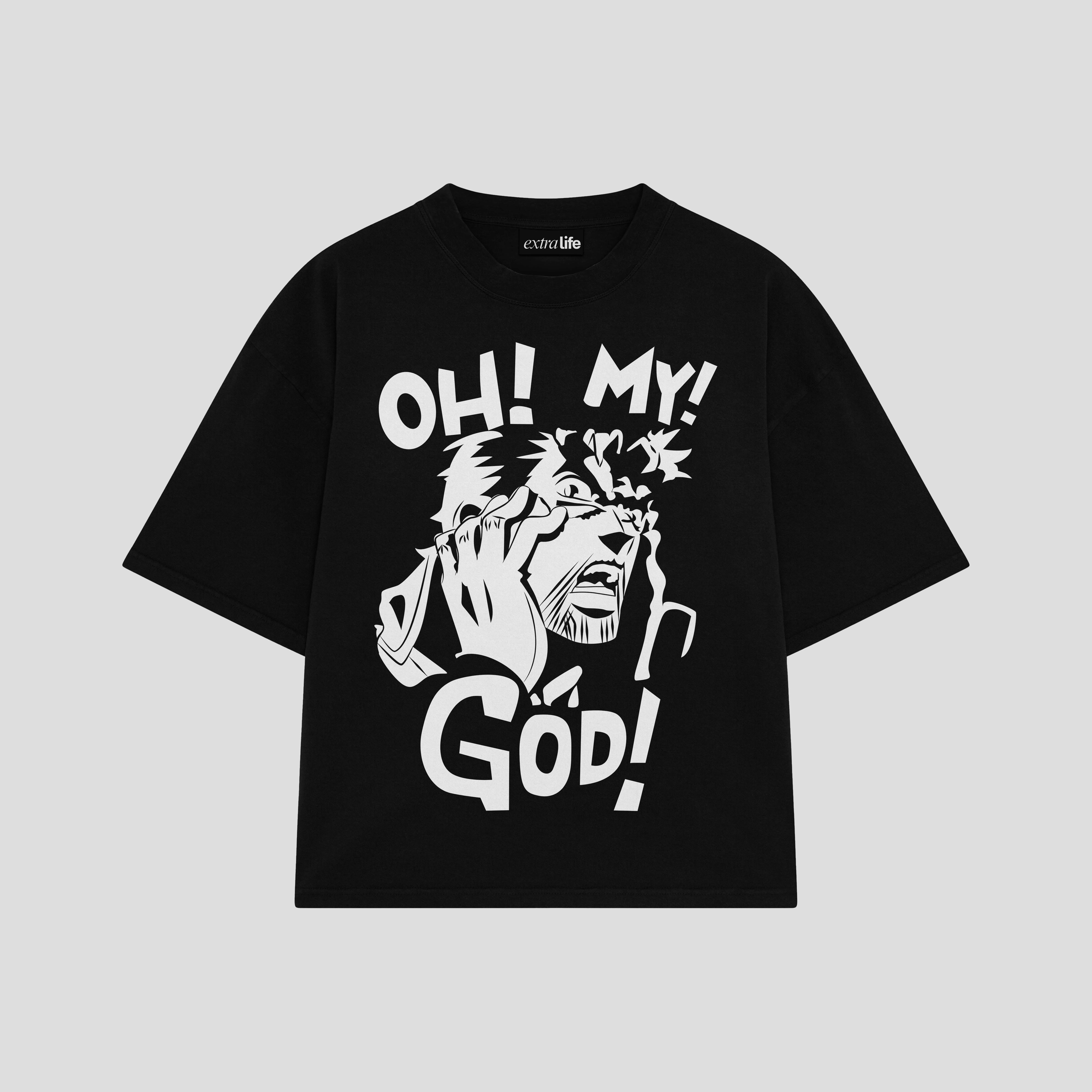 Playera streetwear premium de anime y gaming ExtraLife MX, corte boxy oversized drop shoulder heavyweight en color Deep Black y Off-White, moda urbana mexicana de culto.