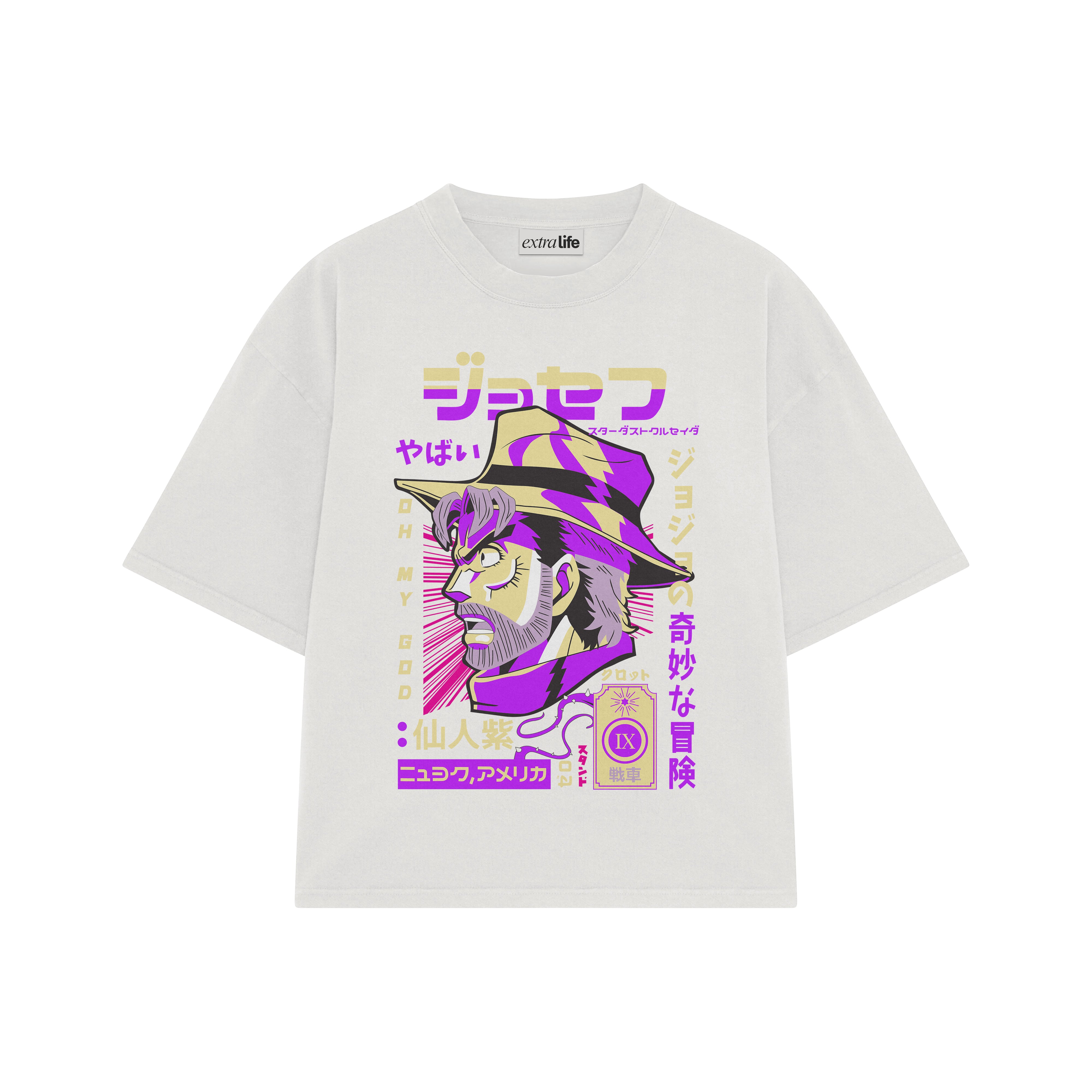 Playera streetwear premium de anime y gaming ExtraLife MX, corte boxy oversized drop shoulder heavyweight en color Deep Black y Off-White, moda urbana mexicana de culto.