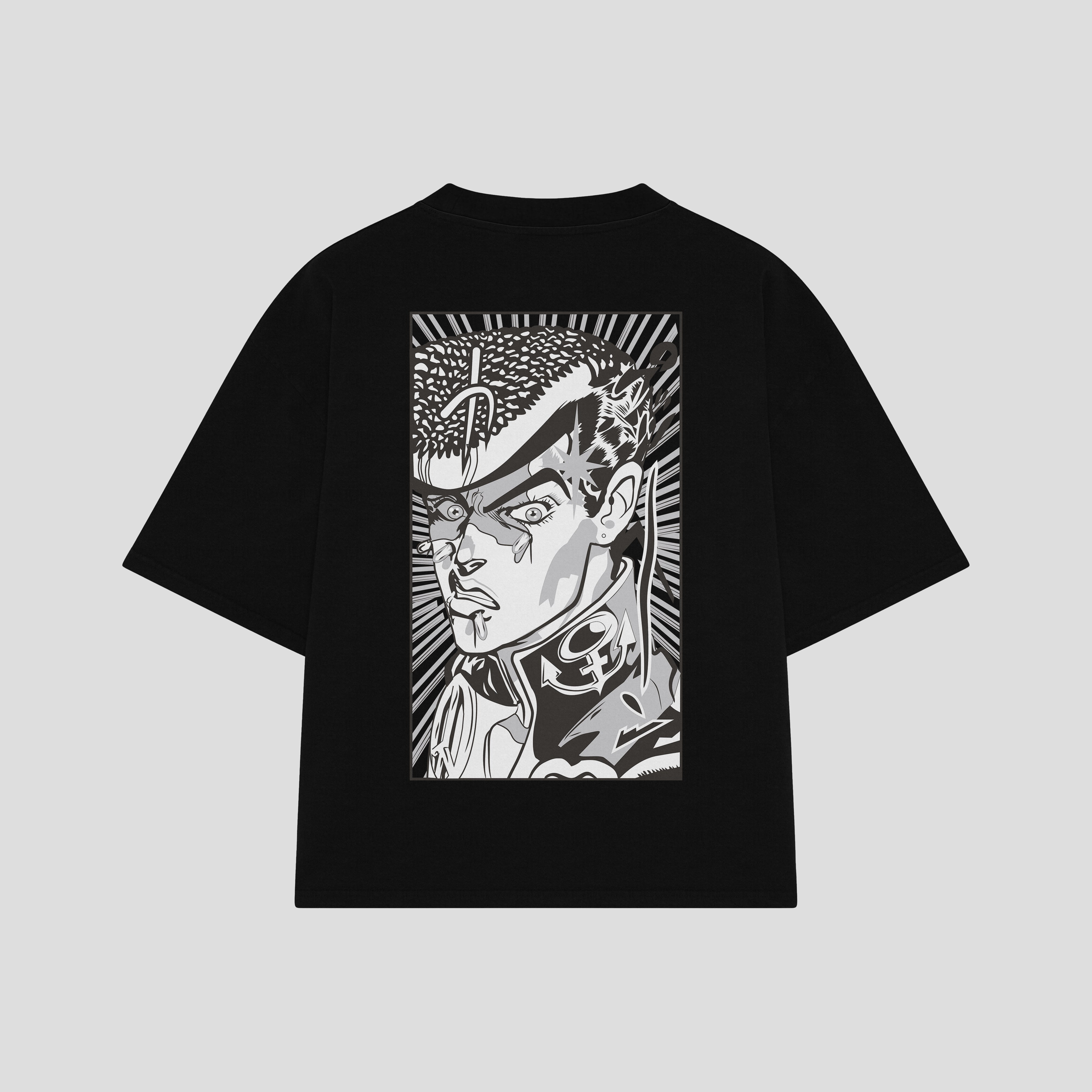 Playera streetwear premium de anime y gaming ExtraLife MX, corte boxy oversized drop shoulder heavyweight en color Deep Black y Off-White, moda urbana mexicana de culto.