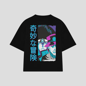 Playera streetwear premium de anime y gaming ExtraLife MX, corte boxy oversized drop shoulder heavyweight en color Deep Black y Off-White, moda urbana mexicana de culto.